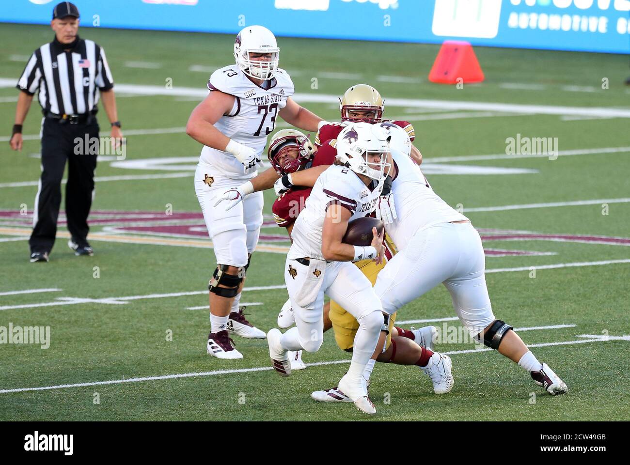 Alumni Stadium. 26th Sep, 2020. MA, USA; Texas State Bobcats quarterback Brady McBride (2) runs with the ball during the NCAA football game between Texas State Bobcats and Boston College Eagles at Alumni Stadium. Anthony Nesmith/CSM/Alamy Live News Stock Photo
