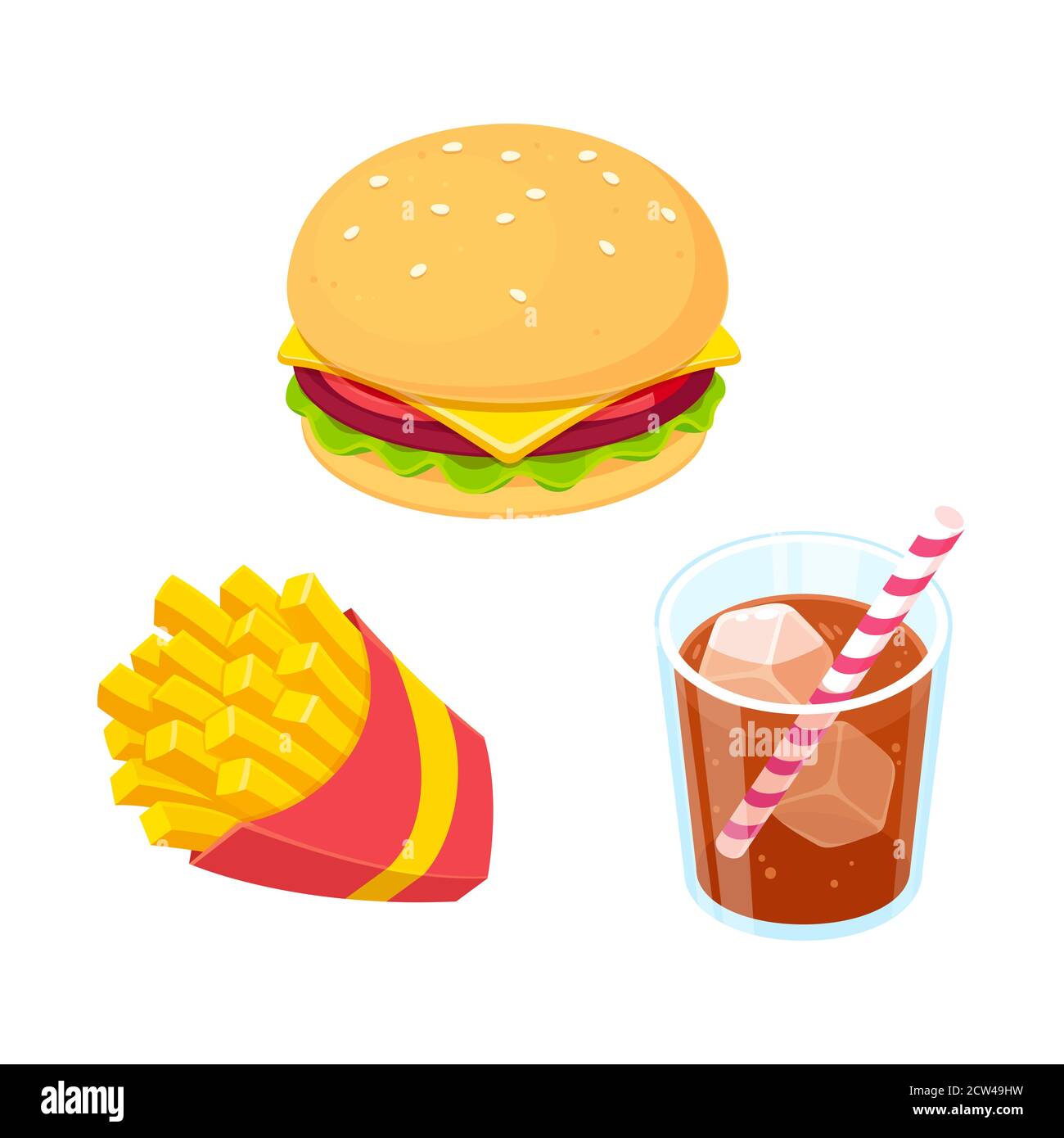 Cartoon fast food icon set. French fries, burger and glass of soda drink. Realistic colorful vector clip art illustration. Stock Vector