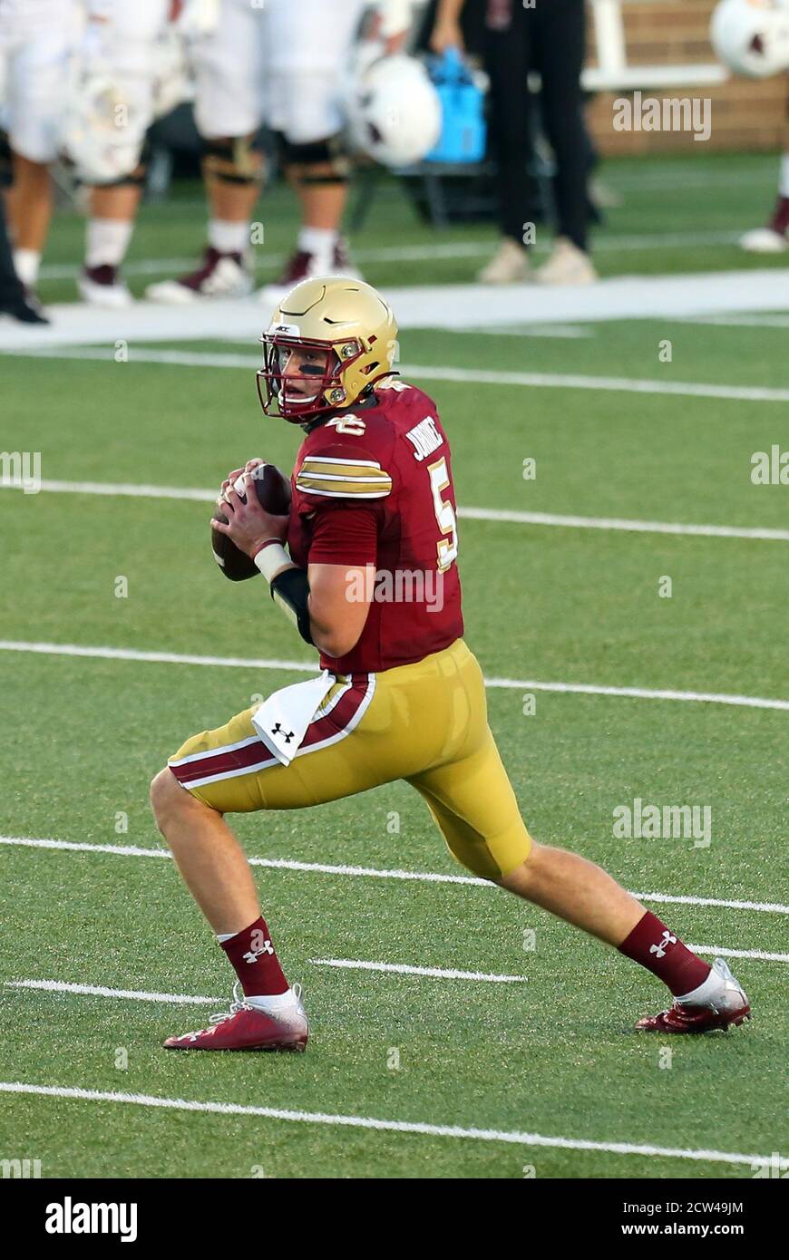 Alumni Stadium. 26th Sep, 2020. MA, USA; Boston College Eagles quarterback Phil Jurkovec (5) in action during the NCAA football game between Texas State Bobcats and Boston College Eagles at Alumni Stadium. Anthony Nesmith/CSM/Alamy Live News Stock Photo