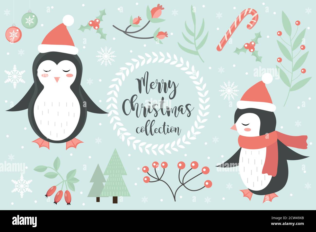 Cute penguin in the winter forest set of objects. Collection of design elements with snowflakes and a Christmas tree. Merry christmas postcard. Vector Stock Vector