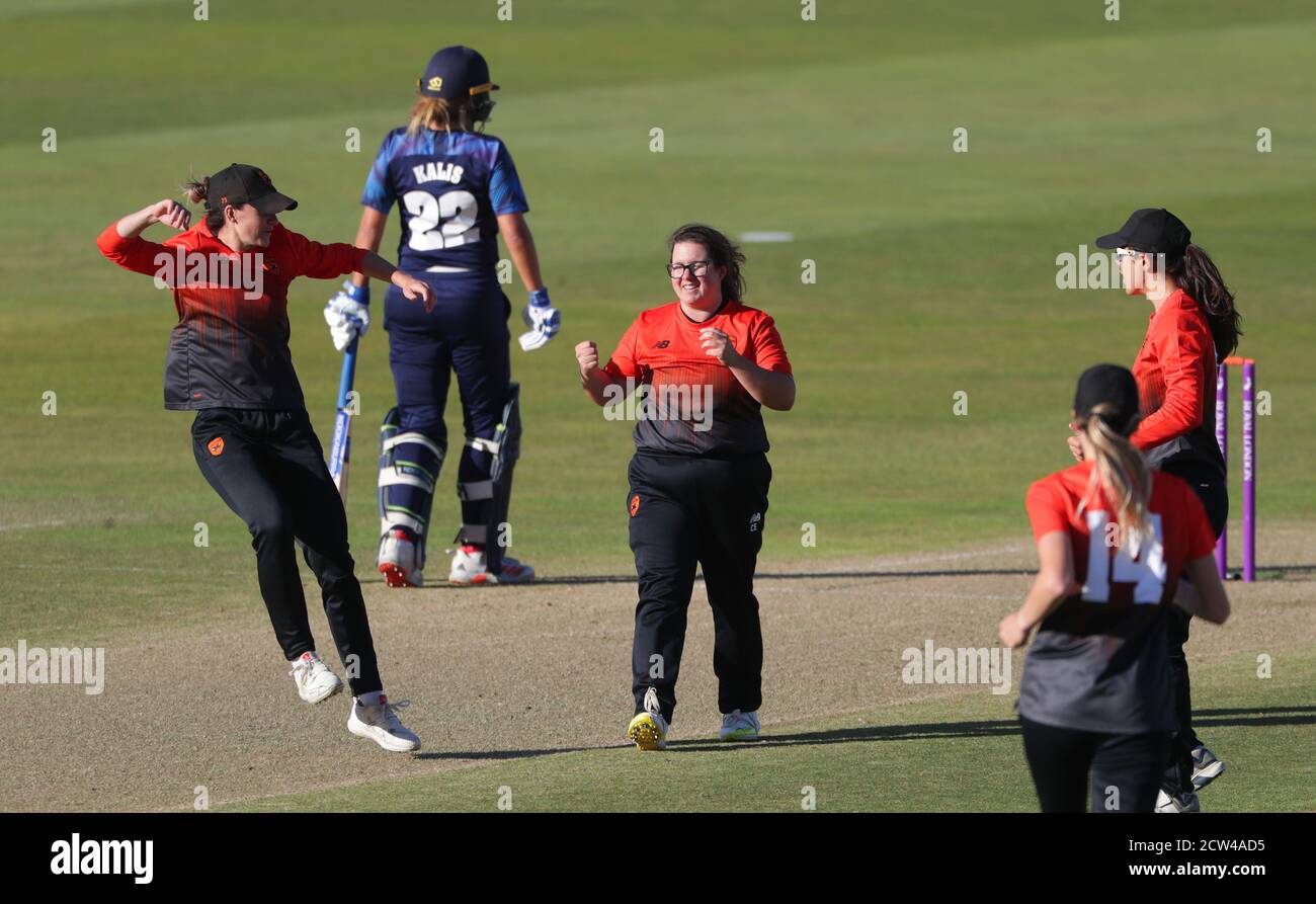Southern Vipers Charlotte Taylor celebrates the wicket of Northern Diamonds Beth Langston during the Rachael Heyhoe Flint Trophy Final at Edgbaston, Birmingham. Stock Photo