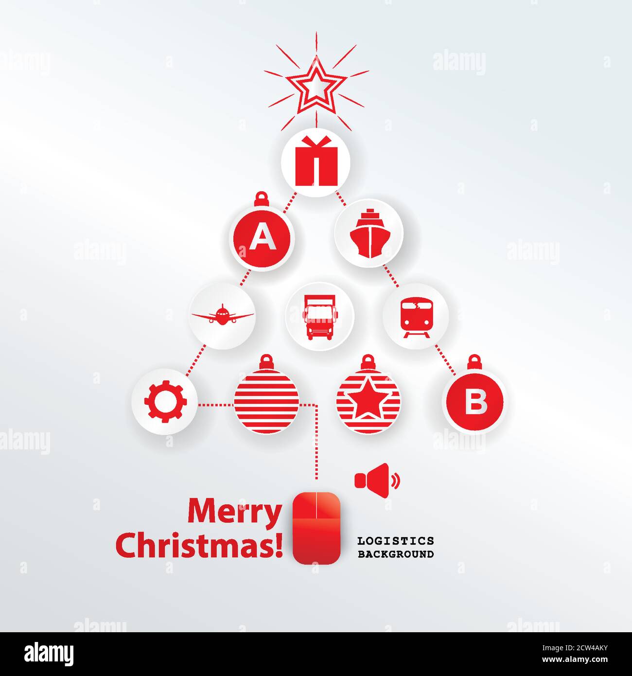 Christmas logistics card. Schematic christmas tree with PC mouse on white background. Flat icons Stock Vector