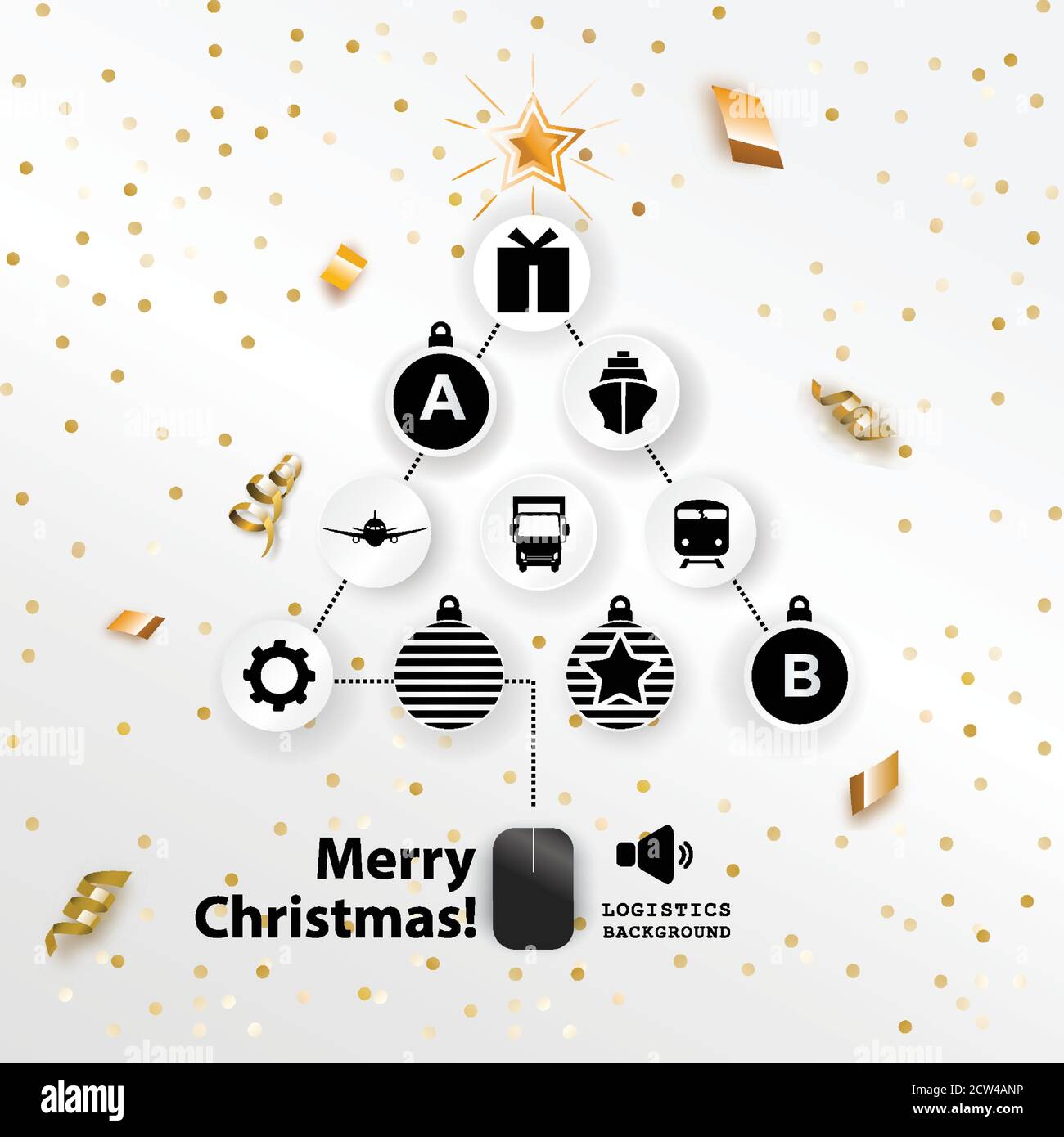 Christmas logistics card. Schematic christmas tree with PC mouse on white background. Flat icons Stock Vector