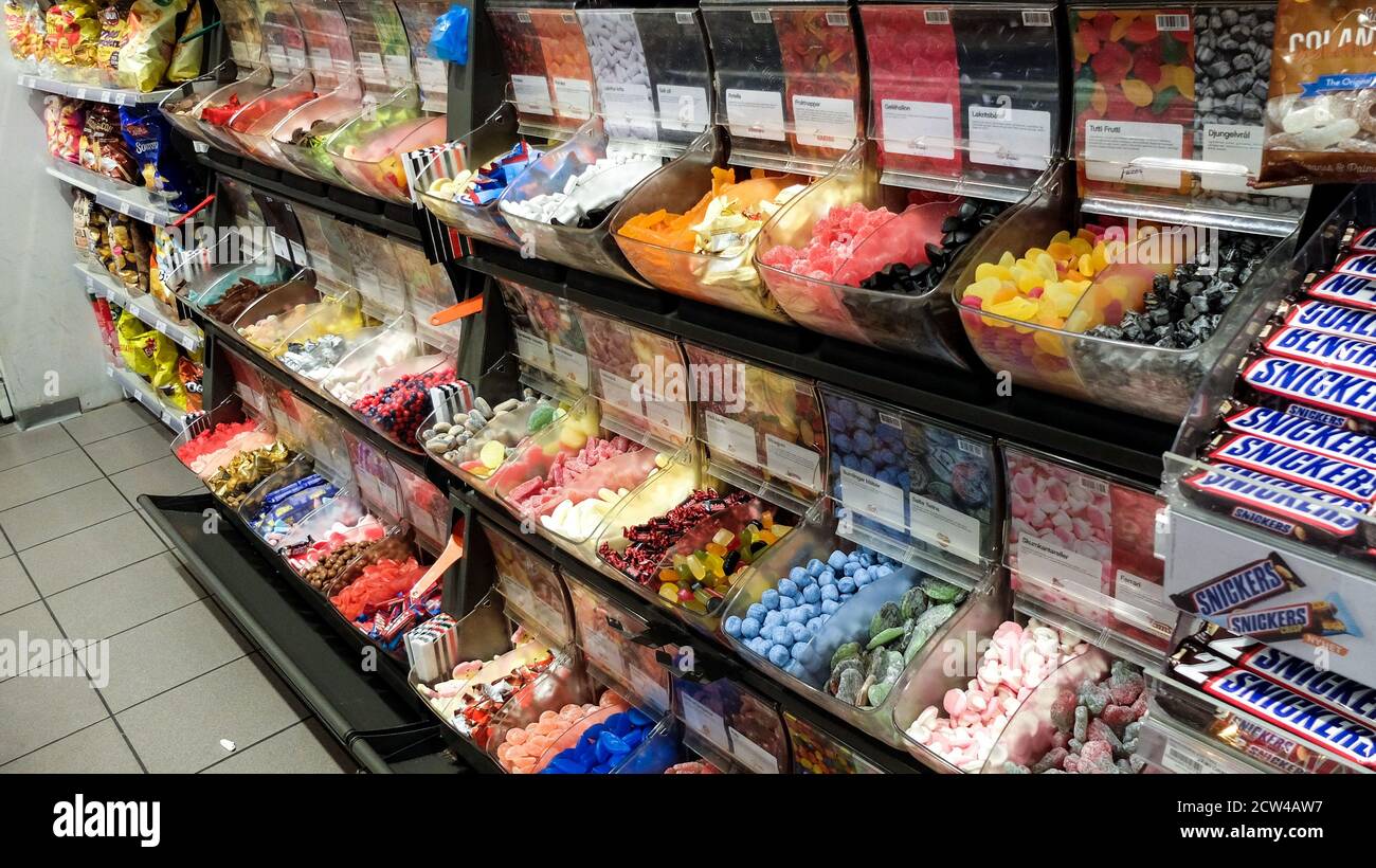 Swedish candy bar shelves with plenty of choice. Lördag godis Stock Photo -  Alamy