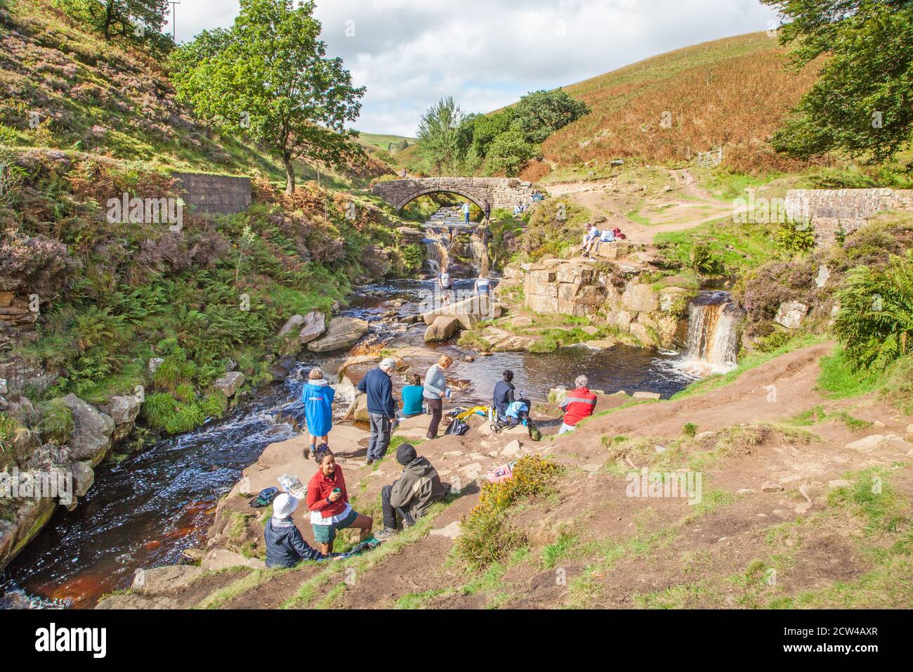 Packhorse bridge over the river Dane at the Three Shire Heads on Axe