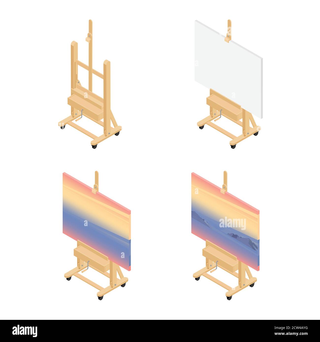 Art drawing class concept. Paint desk easel epmty, with white canvas paper, with paintings. Vector. Isometric view. Stock Vector