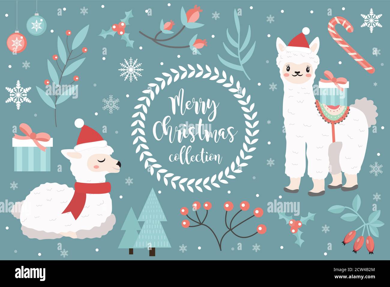 Cute llama in the winter forest set of objects. Collection of design elements with a little alpaca in a hat of Santa Claus, snowflakes and a Christmas Stock Vector