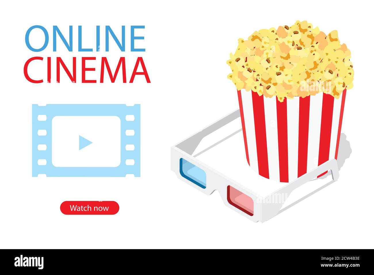 Online cinema art movie watching with popcorn, 3d glasses cinematography concept. Vector. Isometric view. Stock Vector