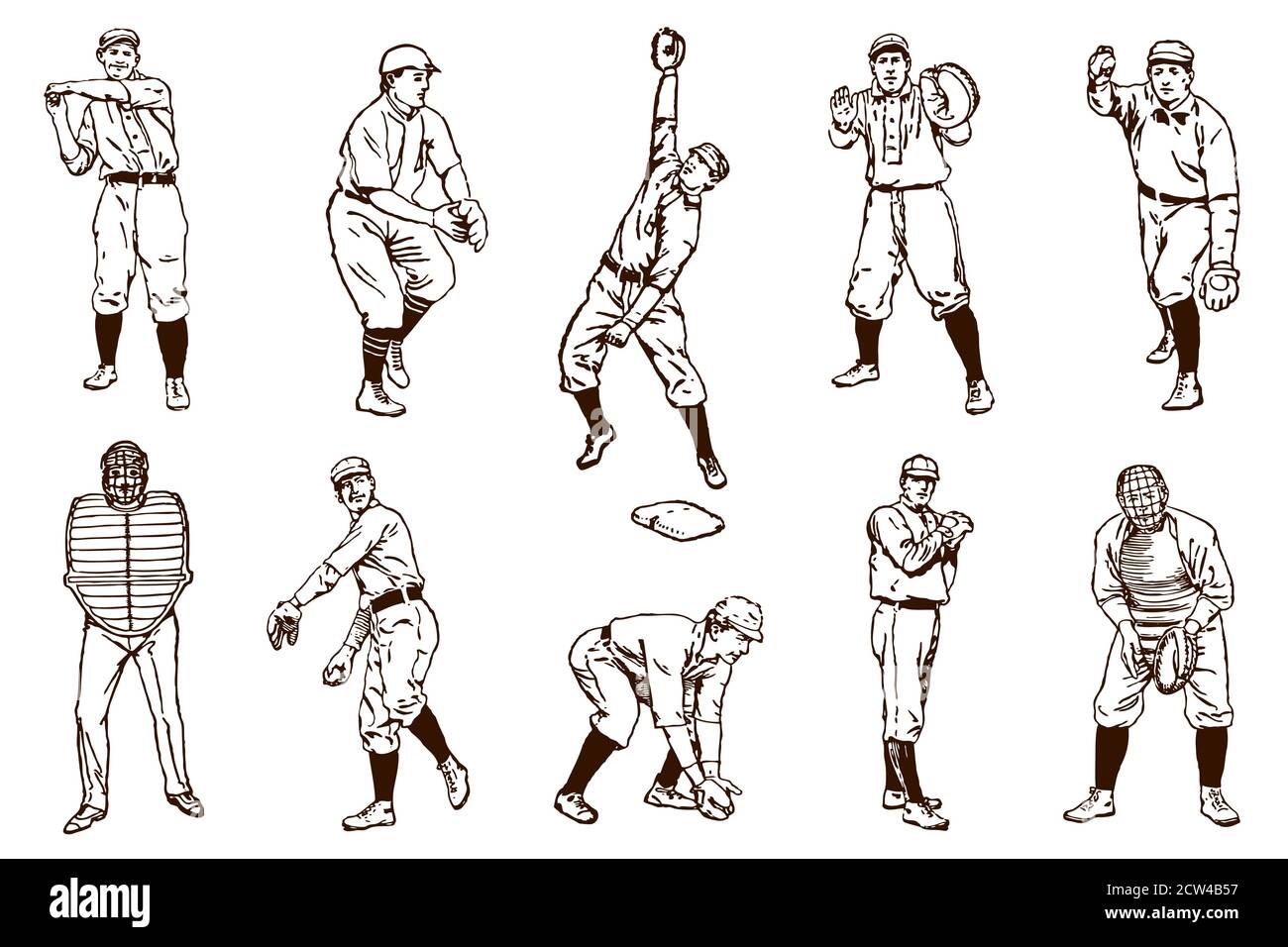 Set of vintage baseball players, after antique illustrations from the 19th century Stock Vector