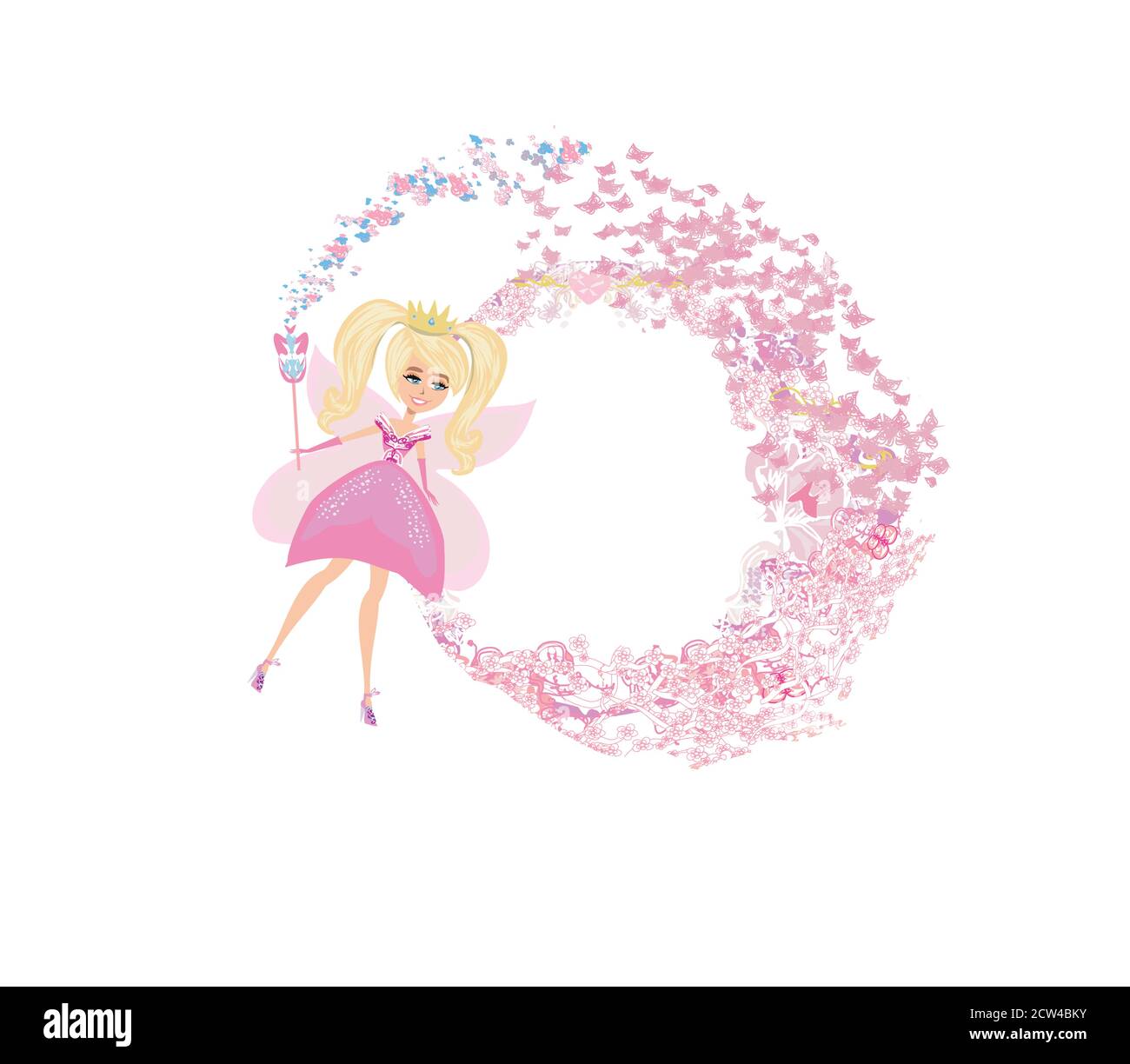 Beautiful fairy with magic wand - beautiful floral pink frame Stock