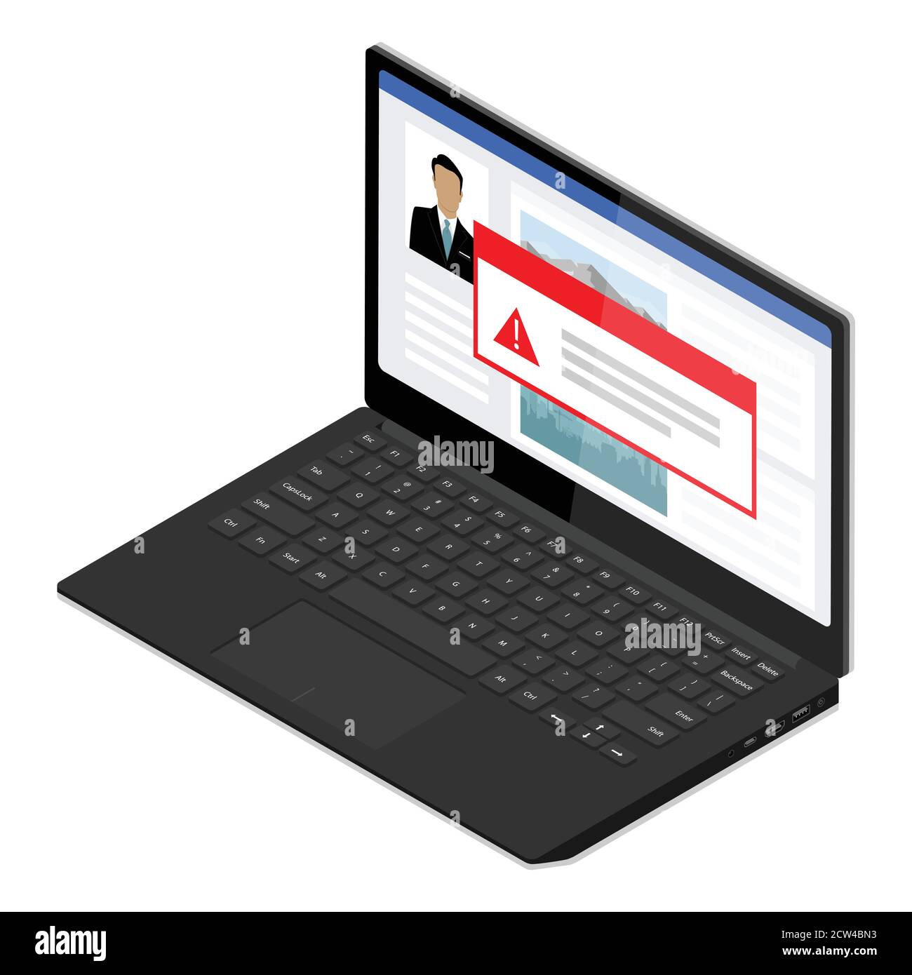 Window operating system error warning on laptop screen. Isometric view. Vector Stock Vector