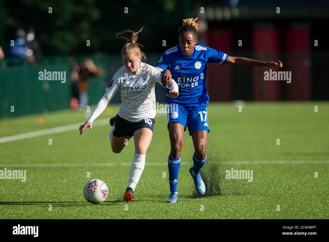 LOUGHBOROUGH, ENGLAND. SEPT 27TH 2020 Jess Park of Manchester City Ladies and Paige Baley- Gayle of Leicester City Ladies during the Vitality Women's FA Cup match between Leicester City and Manchester City at Farley Way Stadium, Quorn, Loughborough on Sunday 27th September 2020. (Credit: Leila Coker | MI News) Credit: MI News & Sport /Alamy Live News Stock Photo