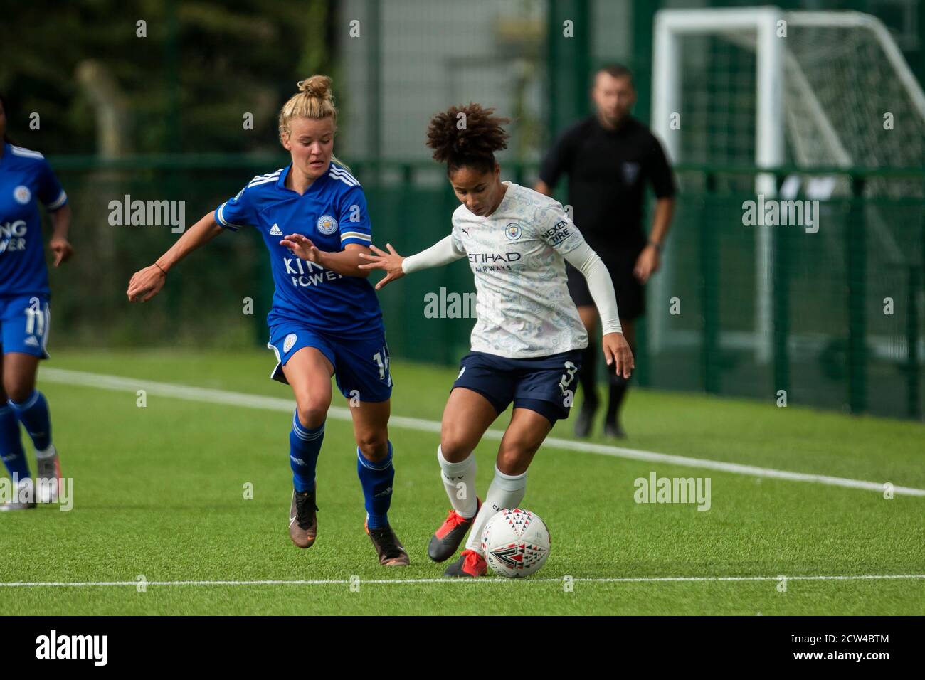 LOUGHBOROUGH, ENGLAND. SEPT 27TH 2020 Demi Stokes of Manchester City Ladies and Esmee De Graaf of Leicester City Ladies during the Vitality Women's FA Cup match between Leicester City and Manchester City at Farley Way Stadium, Quorn, Loughborough on Sunday 27th September 2020. (Credit: Leila Coker | MI News) Credit: MI News & Sport /Alamy Live News Stock Photo