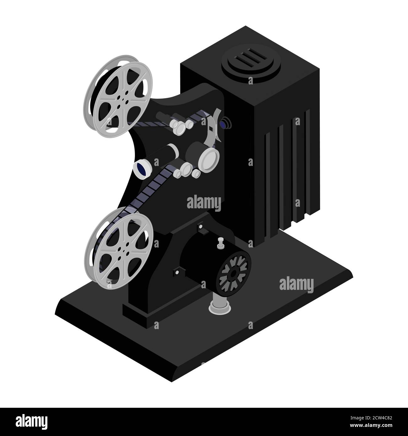 Old retro cinema movie projector isolated on white background. Isometric view. Vector Stock Vector
