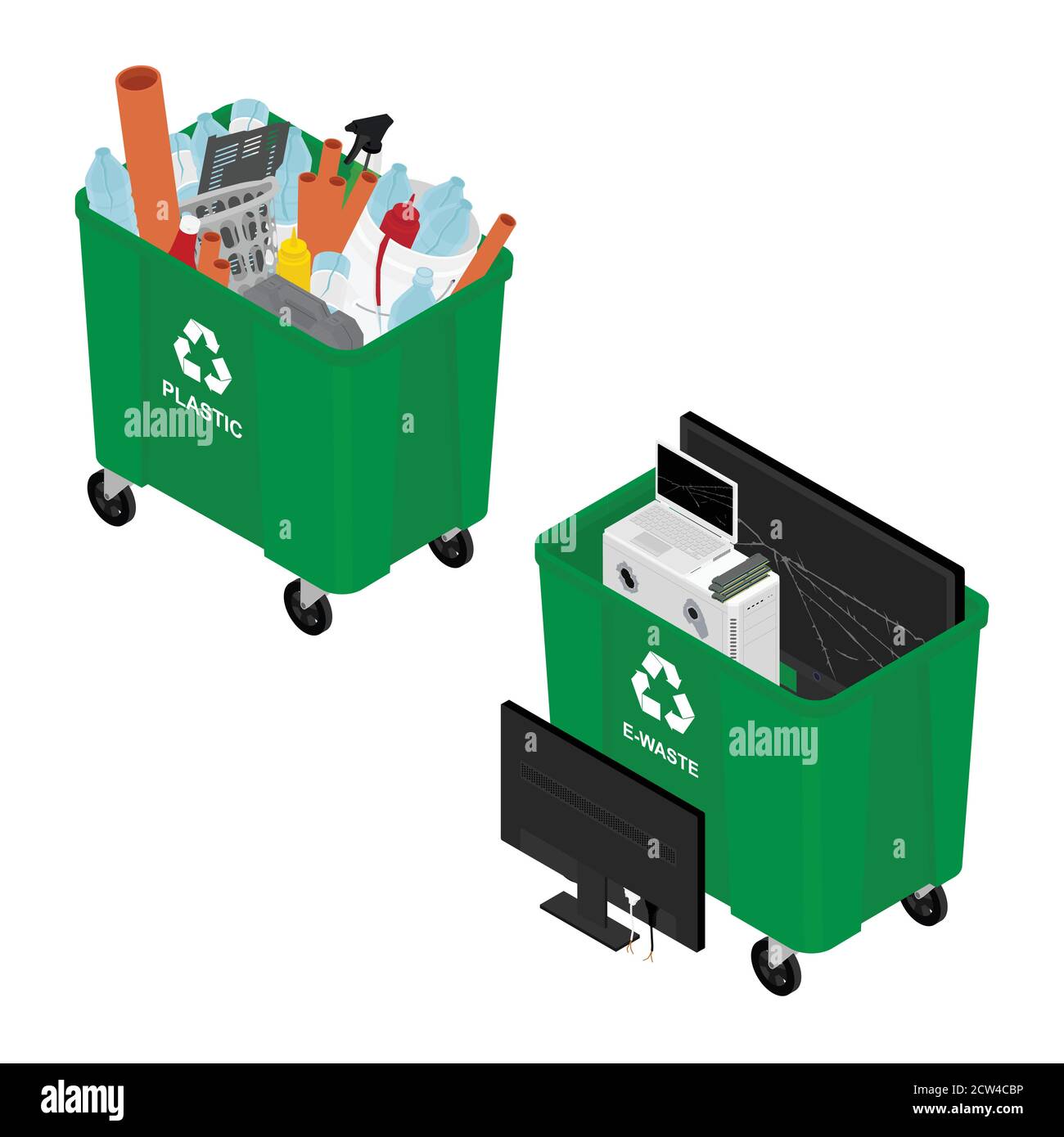 Trash in garbage cans with sorted garbage and garbage truck. Recycling