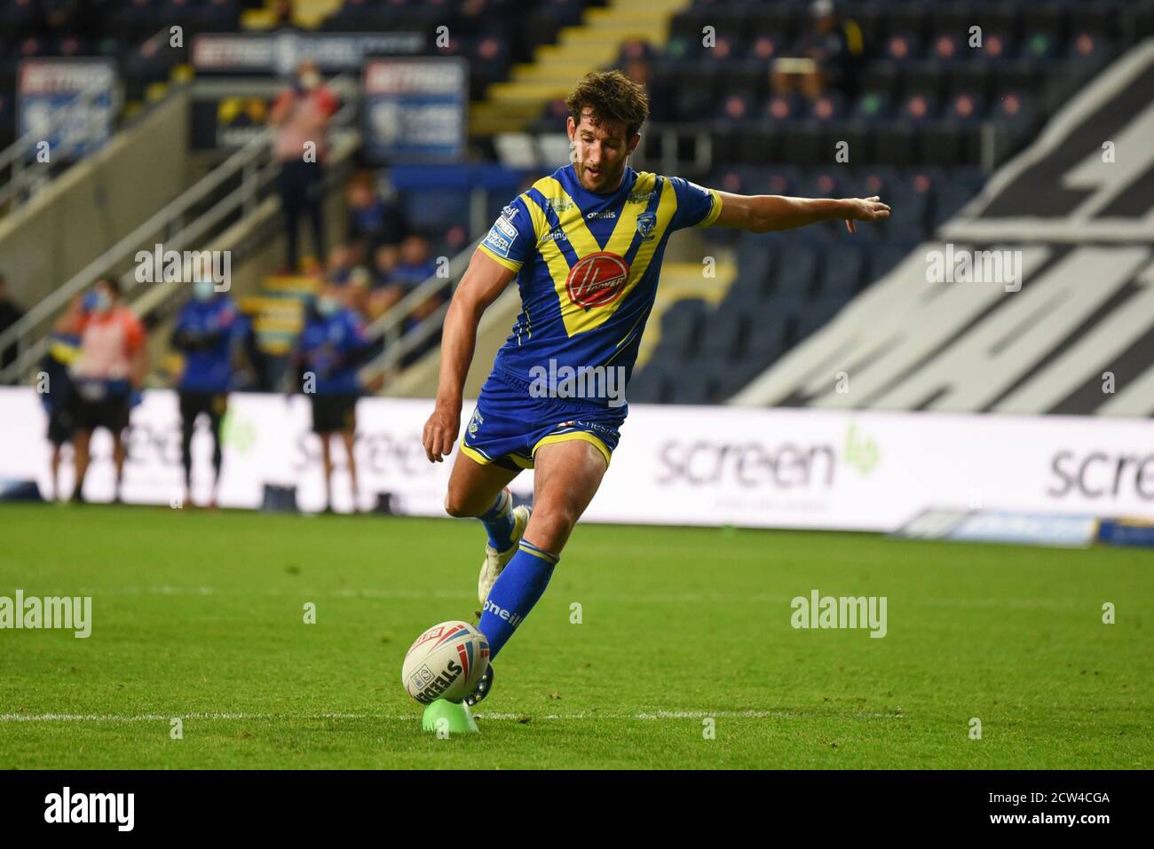 Stefan Ratchford (1) of Warrington Wolves converts for a goal Stock ...