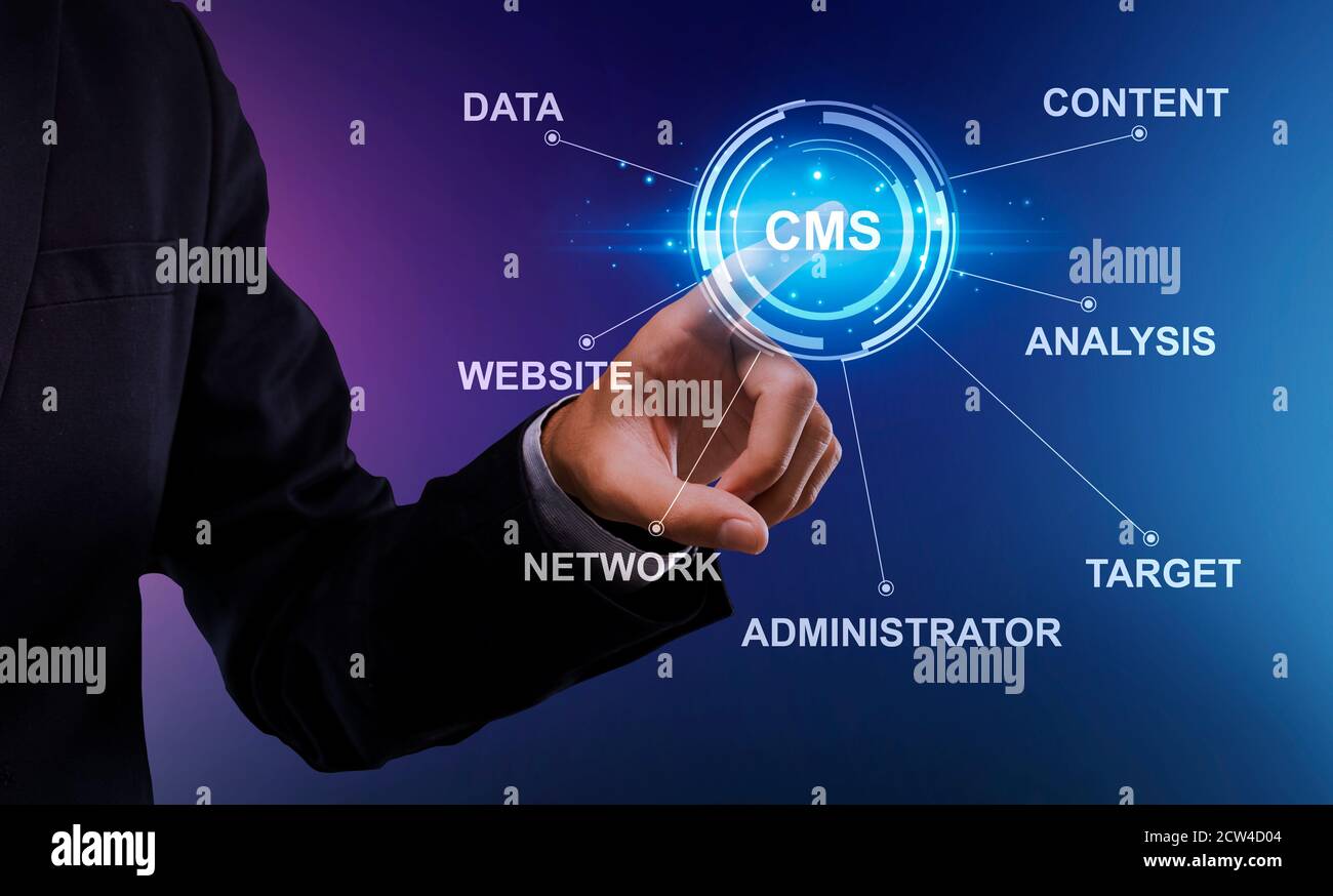 Content management system, webpage optimization. Database administrator pressing CMS button on screen. Collage Stock Photo
