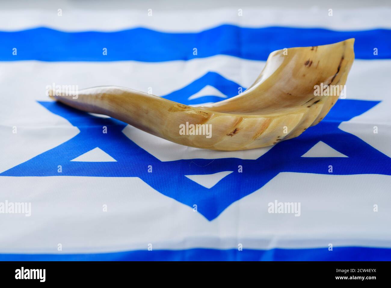Shofar horn on Israel flag. Shofar Yom Kippur, Day of Atonement and