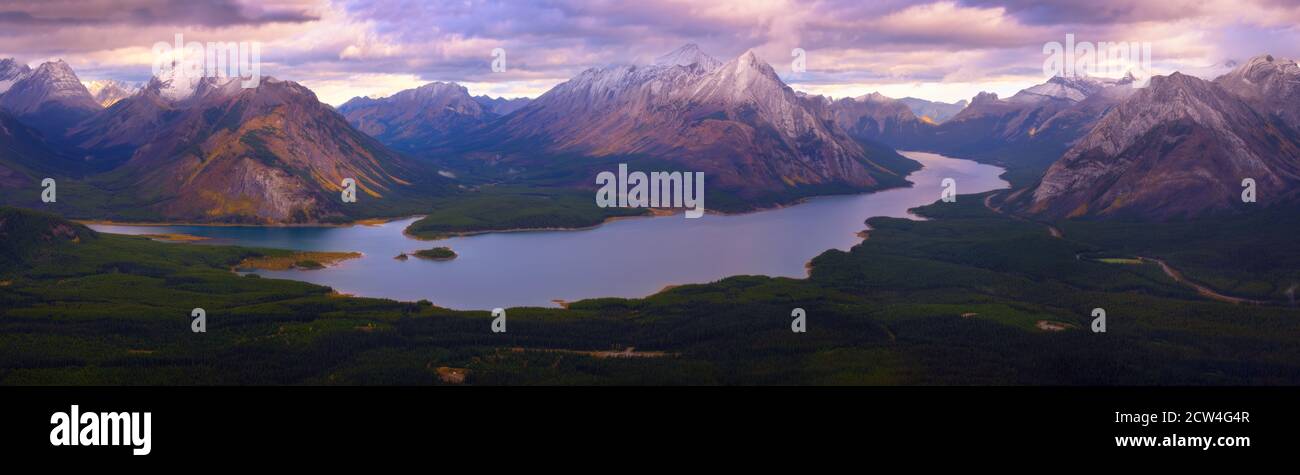 Panoramic View of Spray Lakes, Mount Shark and Larch Trees, Kananaskis, Alberta, Canada Stock Photo