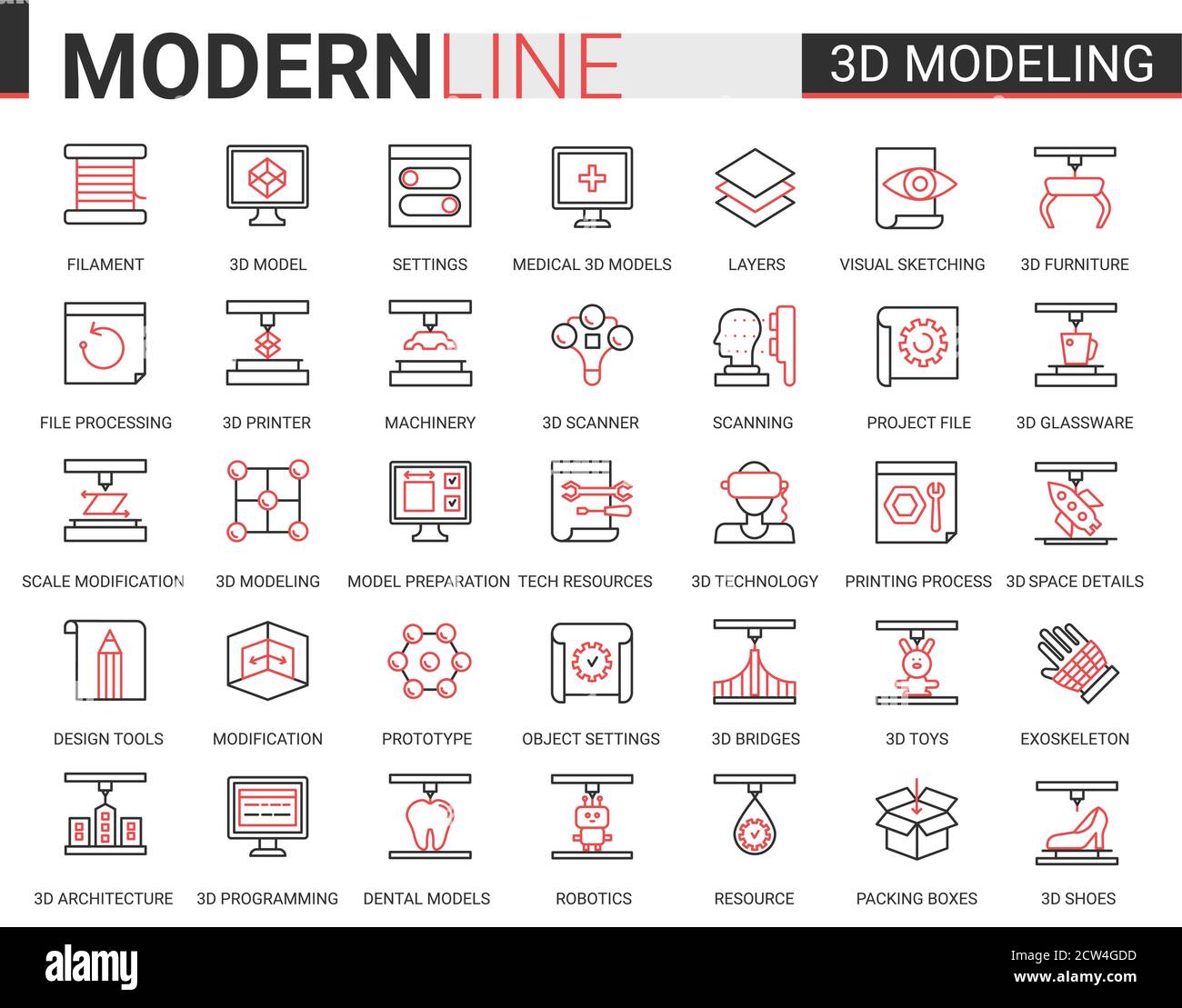 3d printing science technology flat web icon vector illustration set. Red black thin line creative design with 3d modelling modern cyber tech printer equipment machinery, future scientific innovations Stock Vector
