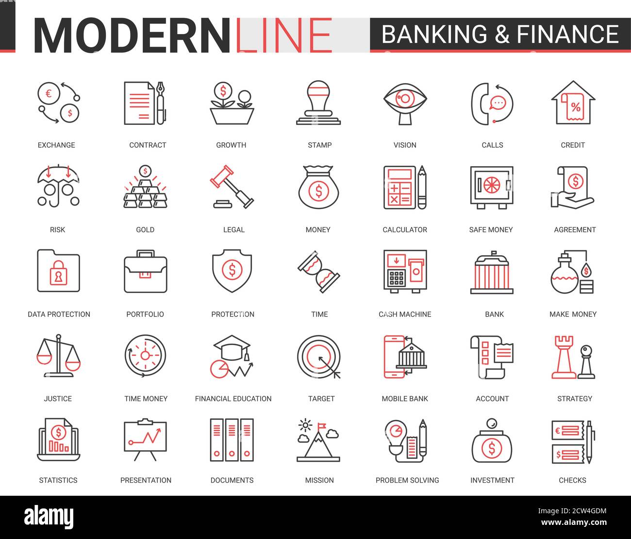 Finance and banking flat thin red black line icons vector illustration ...