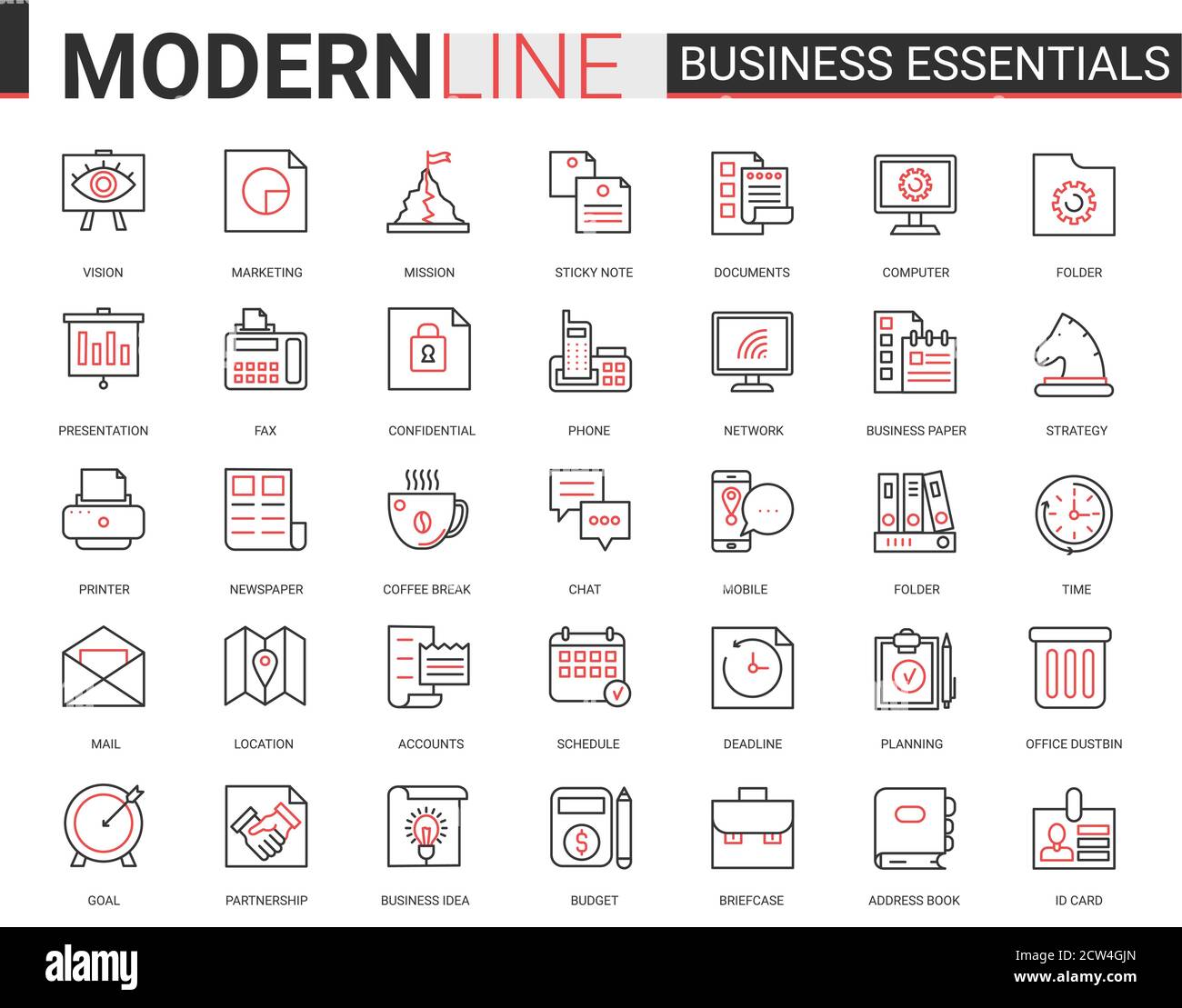 Business thin red black line icon vector illustration set. Business essential website outline pictogram symbols collection with office objects, equipment and documents for financial development Stock Vector