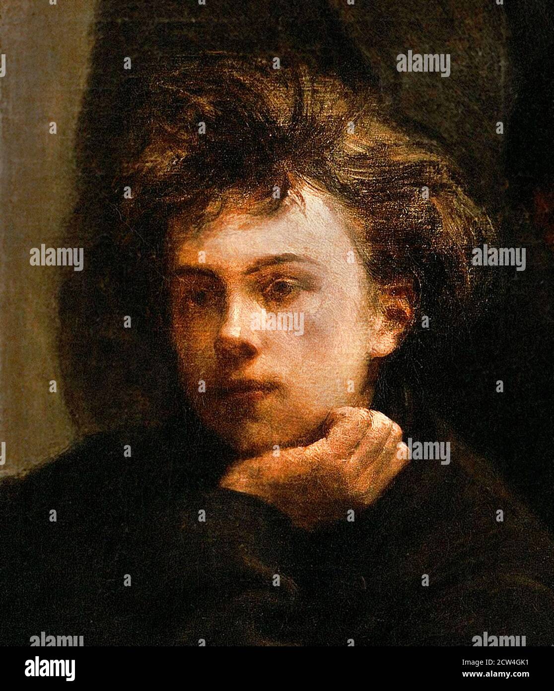 Arthur Rimbaud. Portrait of the French poet, Jean Nicolas Arthur Rimbaud (1854-1891), aged about 18, by Henri Fantin-Latour, oil on canvas, 1872. Detail from a larger painting 'Coin de Table'. Stock Photo