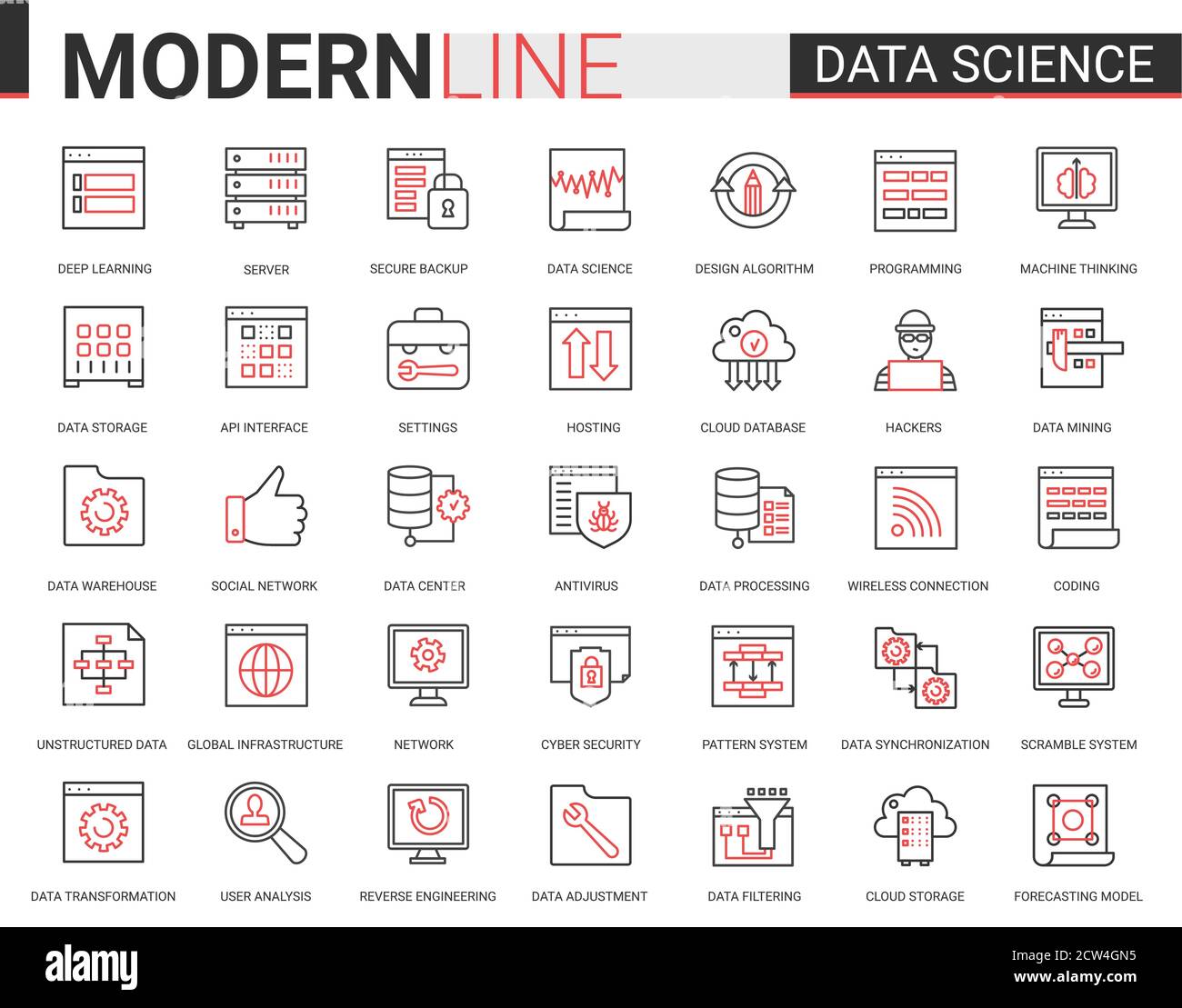 Data science thin red black line icon vector illustration set with outline symbols collection of scientific technology in database storage internet systems, cyber security of network connection Stock Vector