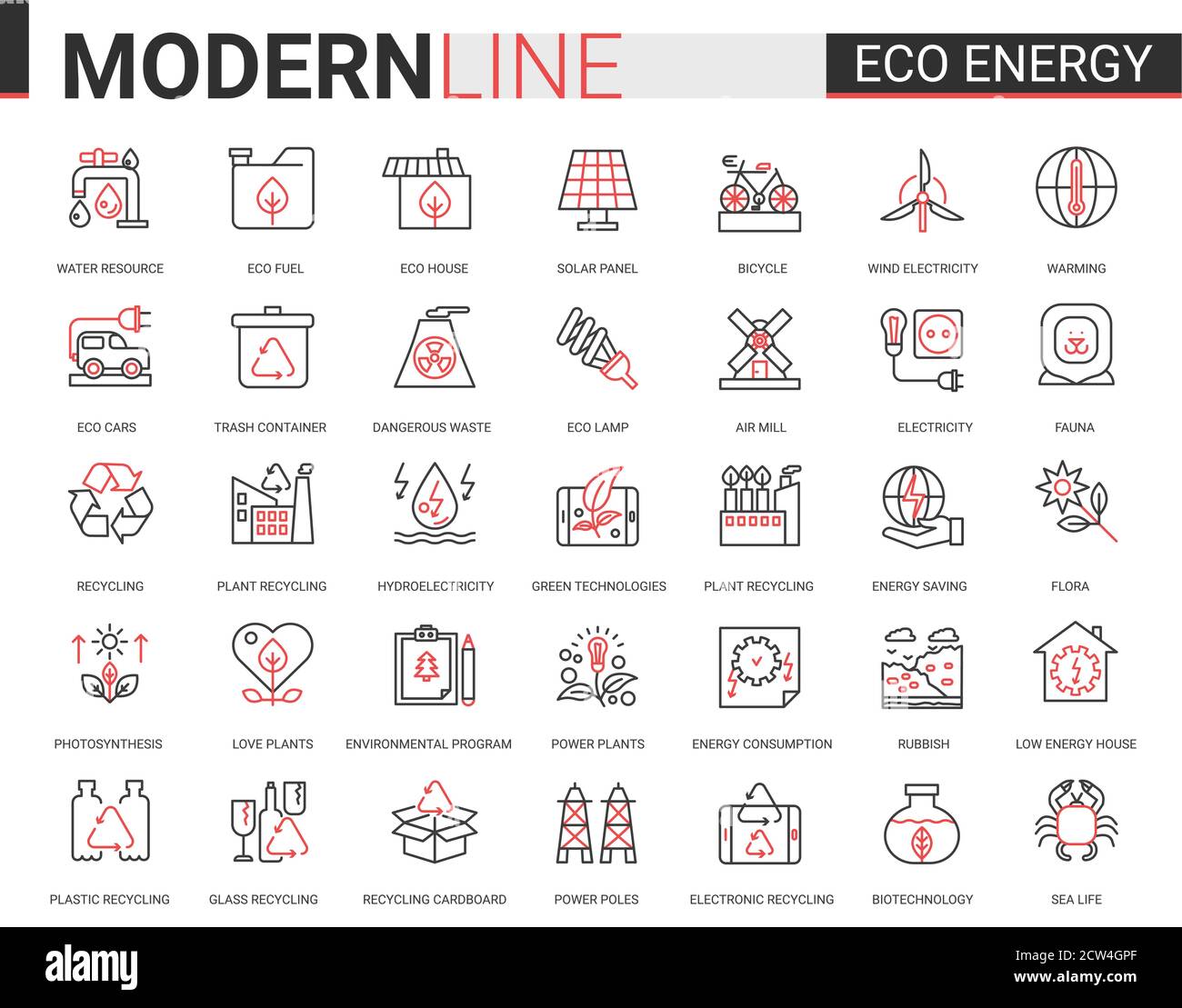 Eco energy flat icon vector illustration set. Red black thin line website design collection of ecology problems linear symbols, environmental ecosystem protection and green waste recycling technology Stock Vector