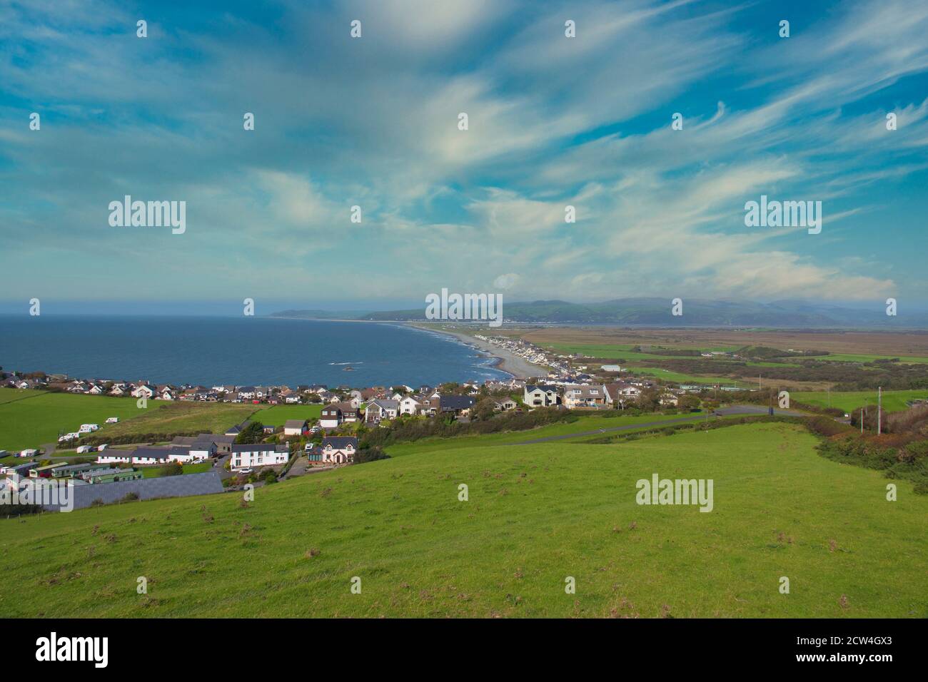 High vantage point looking over the seaside town of Borth in Mid Wales Stock Photo