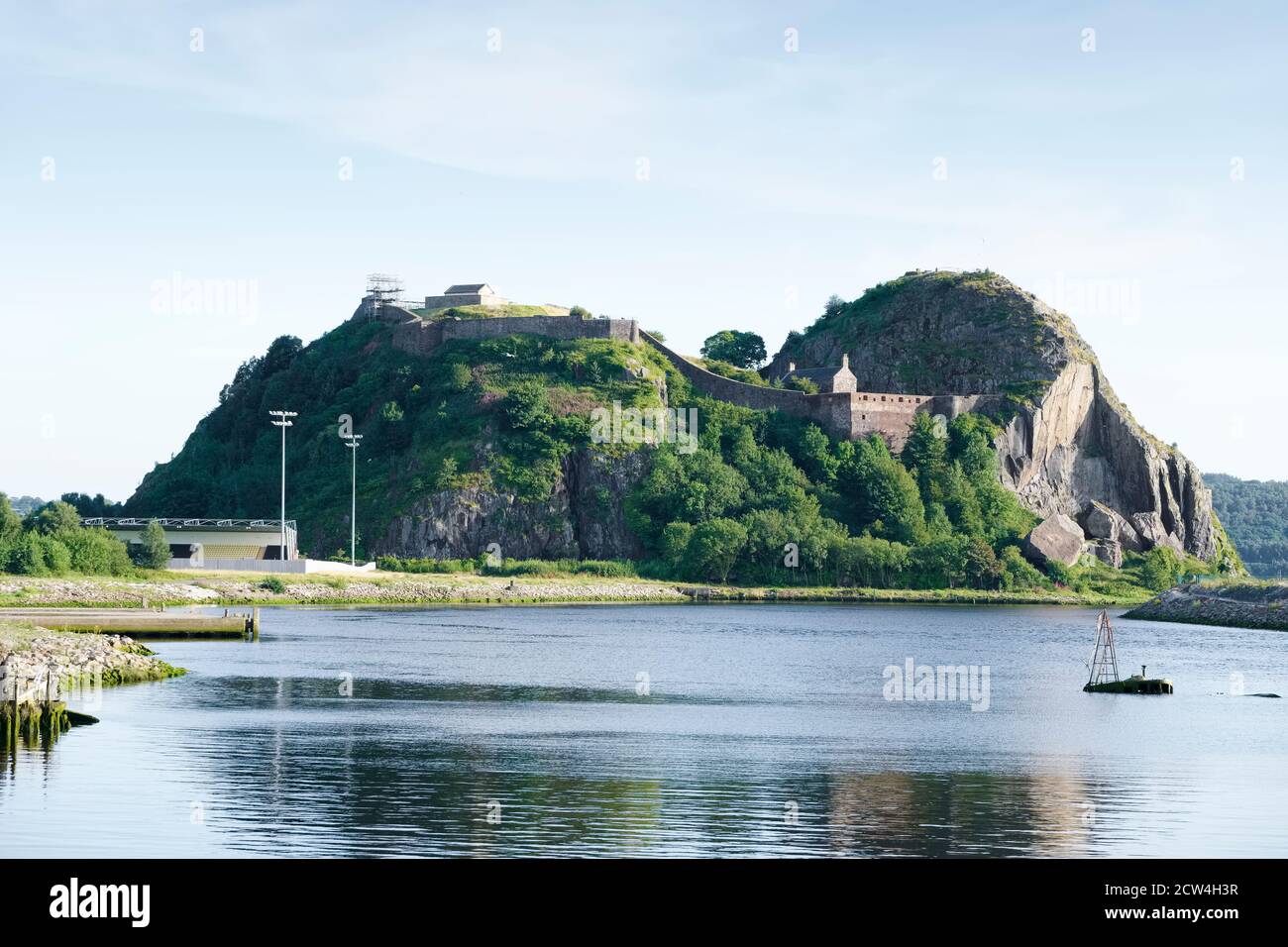 Dumbarton castle building on volcanic rock aerial view from above Scotland Stock Photo