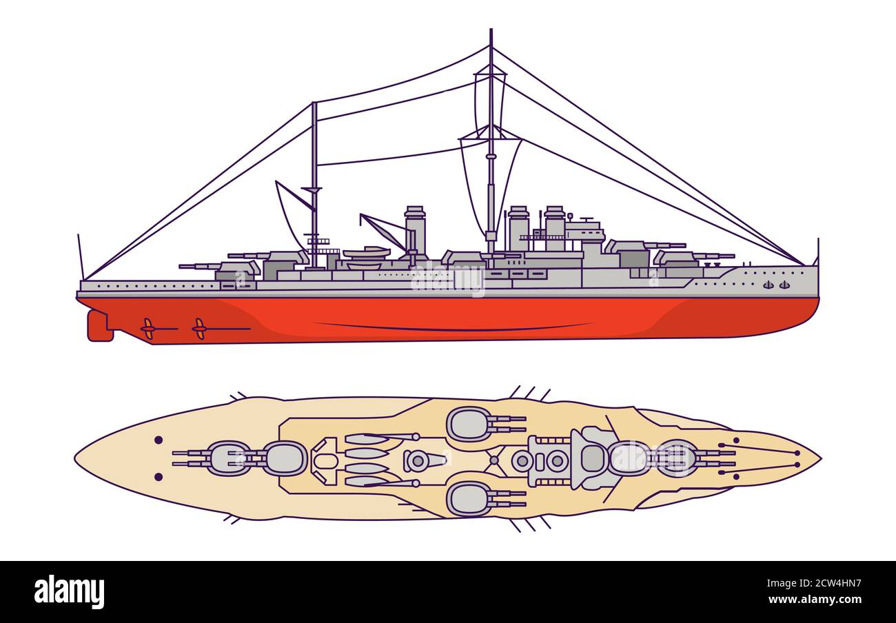 Battleship of the First World War and World War II. Combat naval artillery ship. Stock Vector