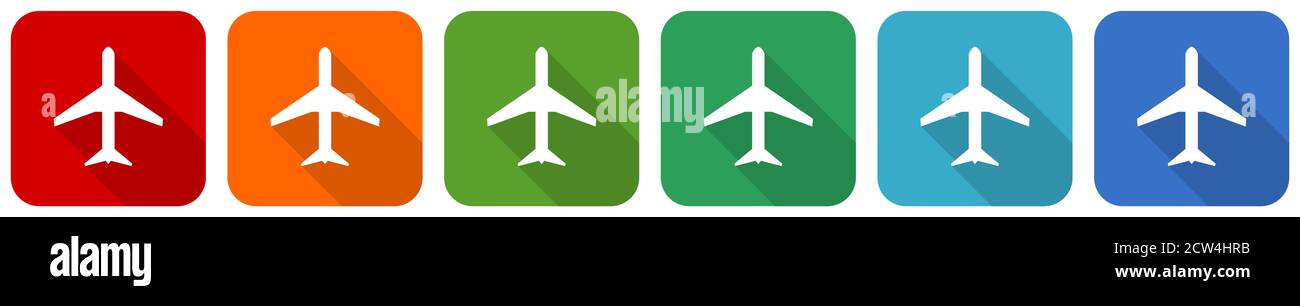 Plane, flight, airplane icon set, flat design vector illustration in 6 ...