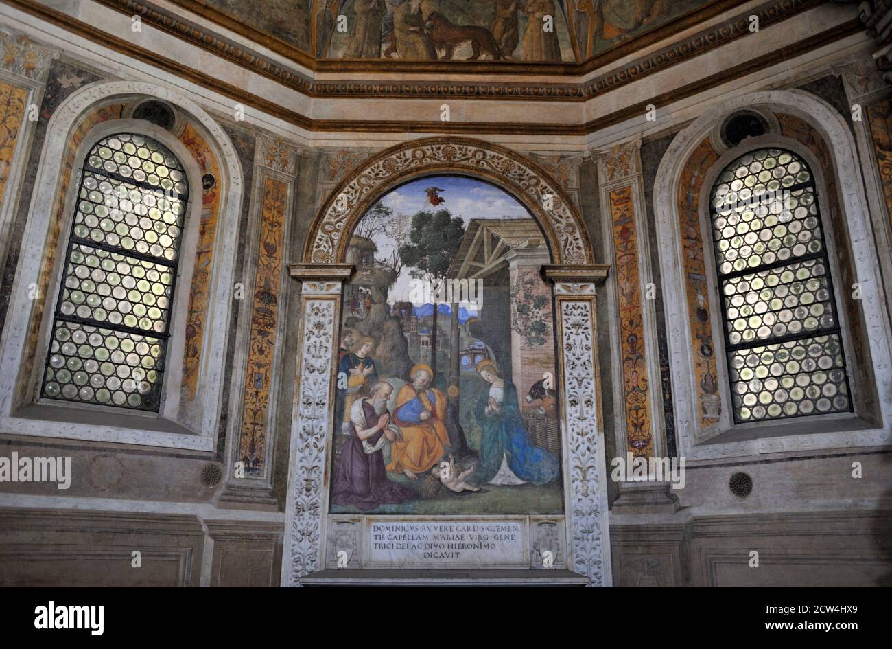 Italy, Rome, church of Santa Maria del Popolo interior, Cappella della Rovere, Pinturicchio fresco “Natività con San Girolamo”  (AD 1488-1490) Stock Photo