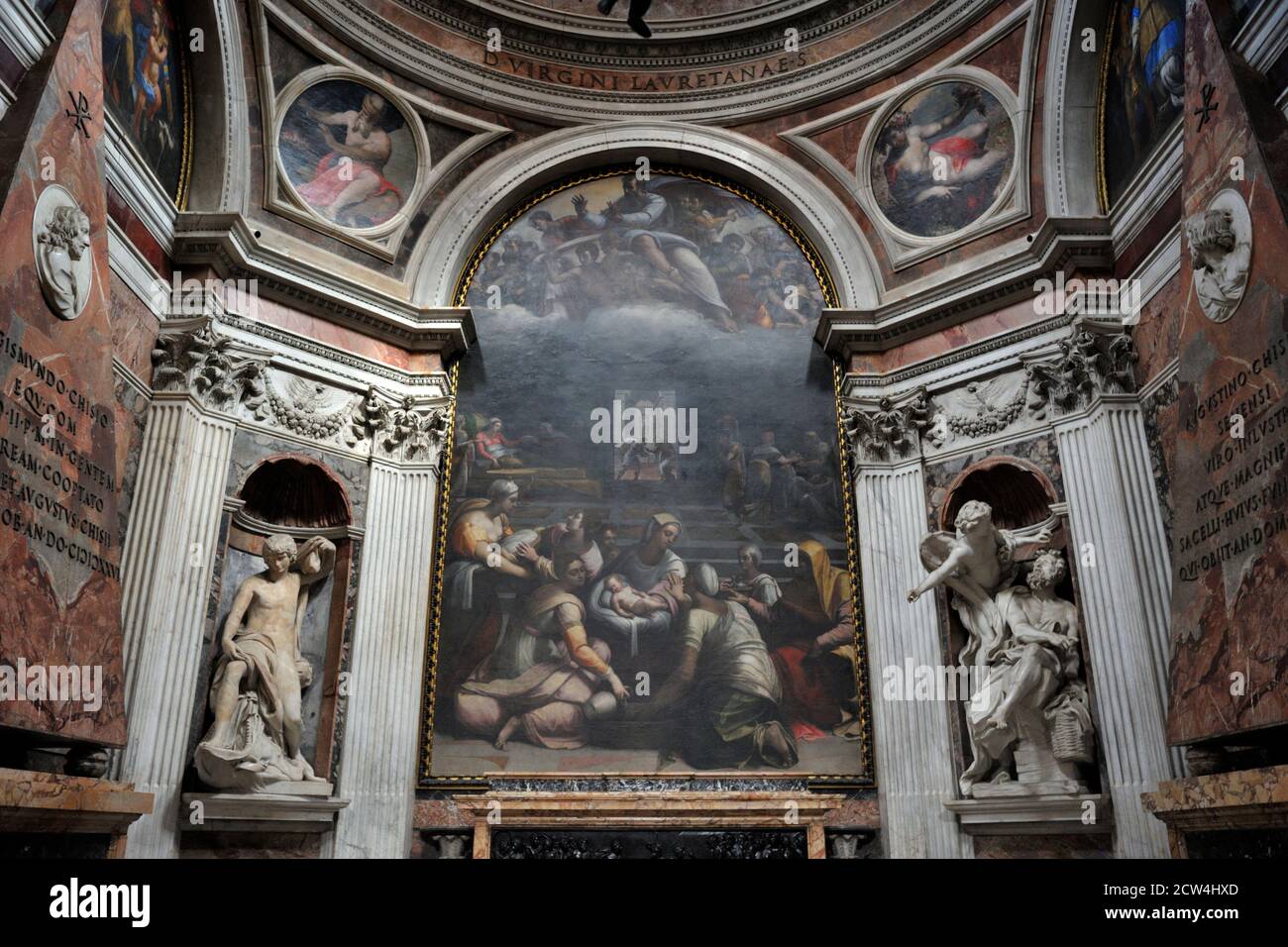 Italy, Rome, Basilica of Santa Maria del Popolo interior, Cappella Chigi, Sebastiano del Piombo painting “Nascita della Vergine” (16th century) Stock Photo