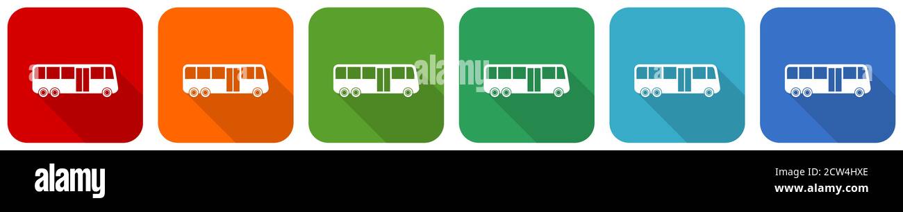 Bus icon set, flat design vector illustration in 6 colors options for ...