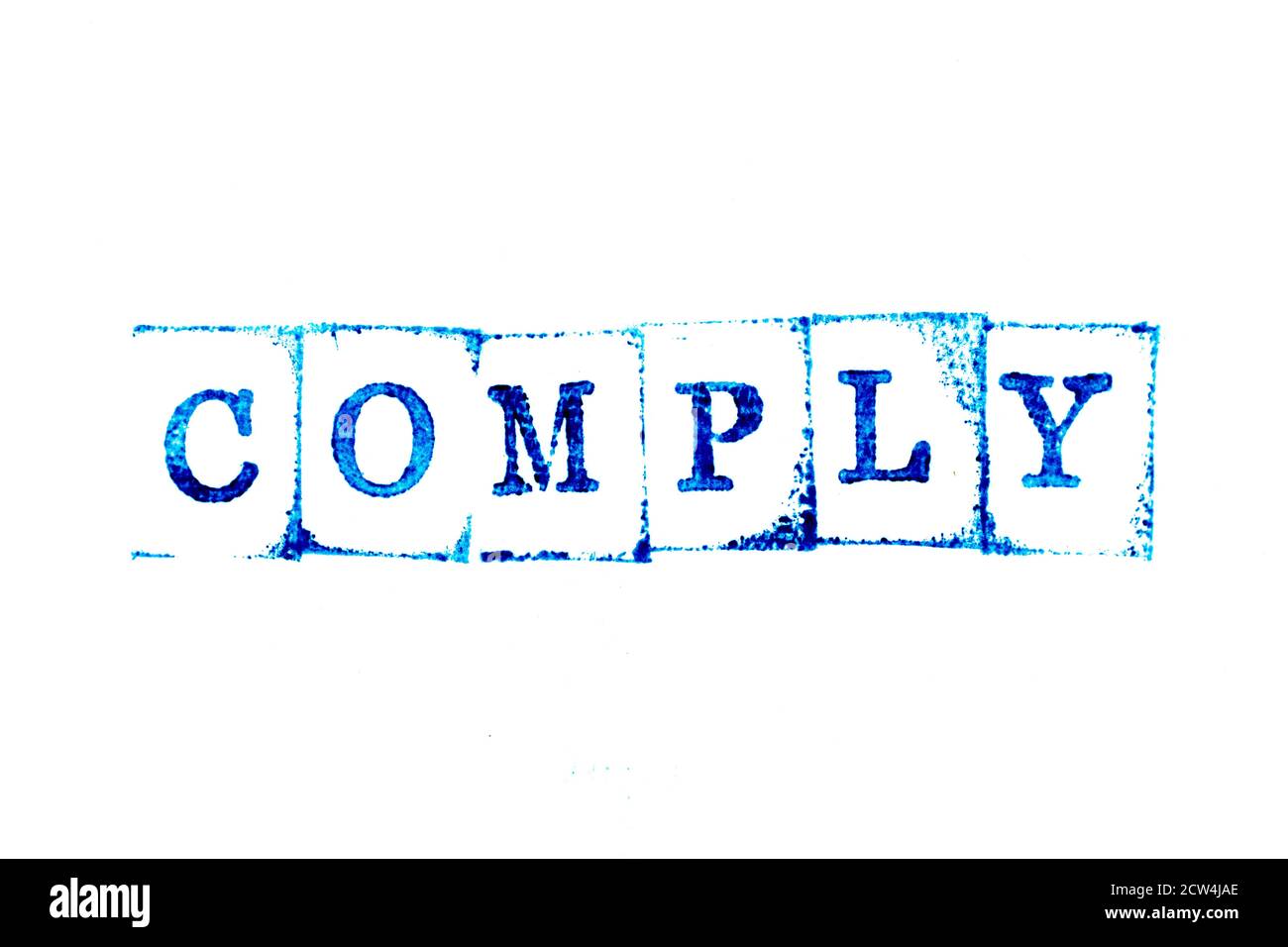 Blue color ink of rubber stamp in word comply on white paper background ...