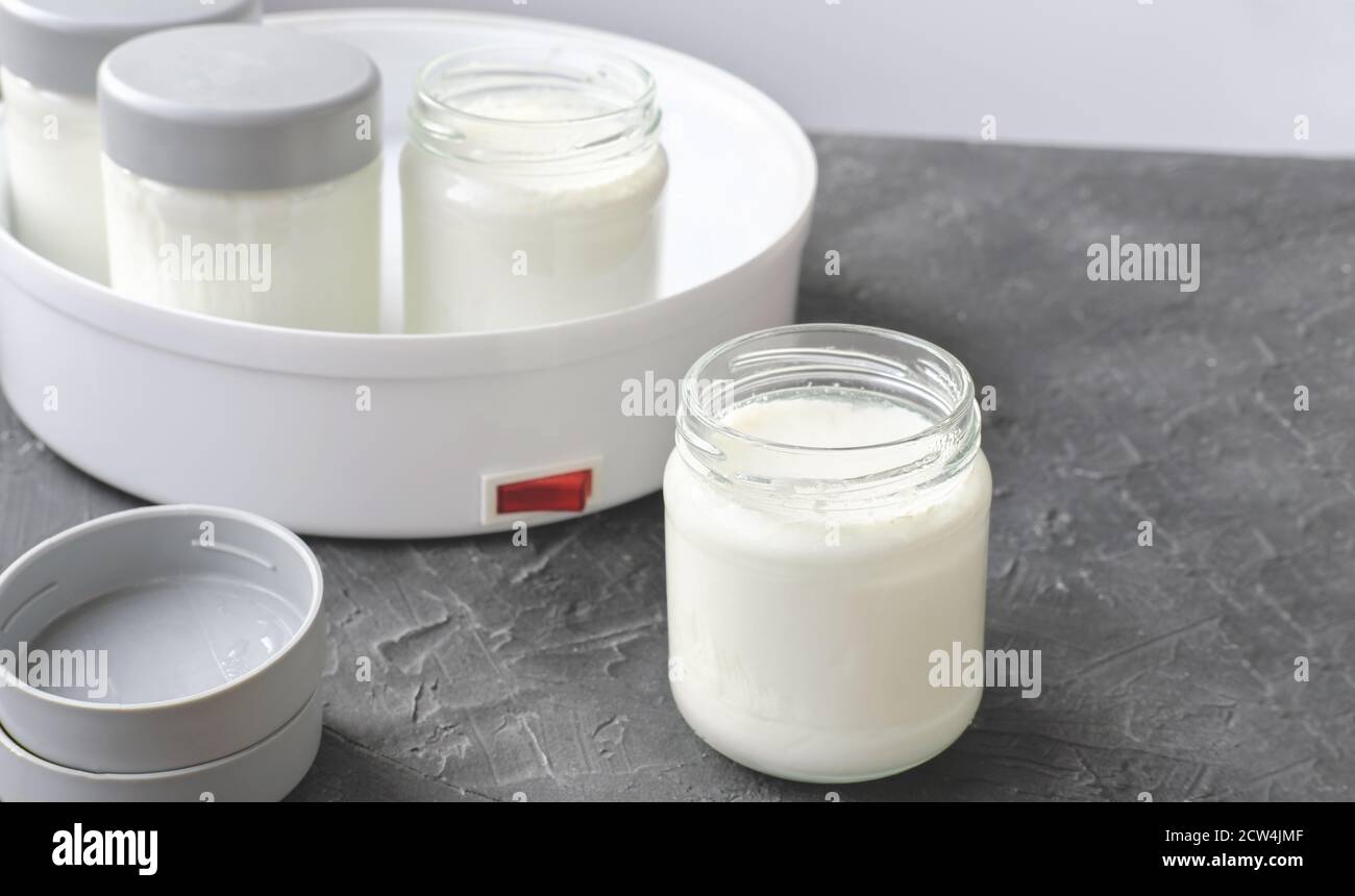 homemade yogurt making, glass jars with kefir. fermented dairy product made in yogurt making machine. probiotic food for gut health. good digestion concept.  Stock Photo