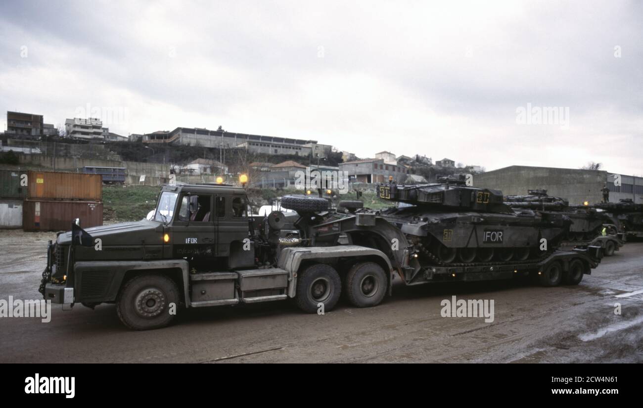 8th January 1996 During the war in Bosnia: Tank Transporters carrying British Army Challenger 1 Main Battle Tanks of the Queen’s Royal Hussars, part of the IFOR contingent, having just arrived in the port of Split, Croatia. Stock Photo