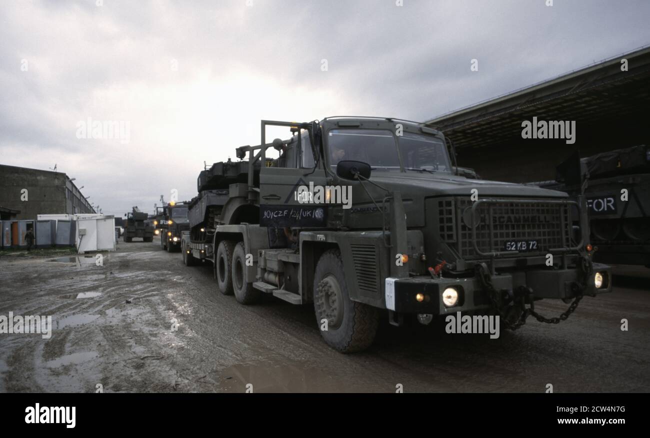8th January 1996 During the war in Bosnia: Tank Transporters carrying British Army Challenger 1 Main Battle Tanks of the Queen’s Royal Hussars, part of the IFOR contingent, having just arrived in the port of Split, Croatia. Stock Photo