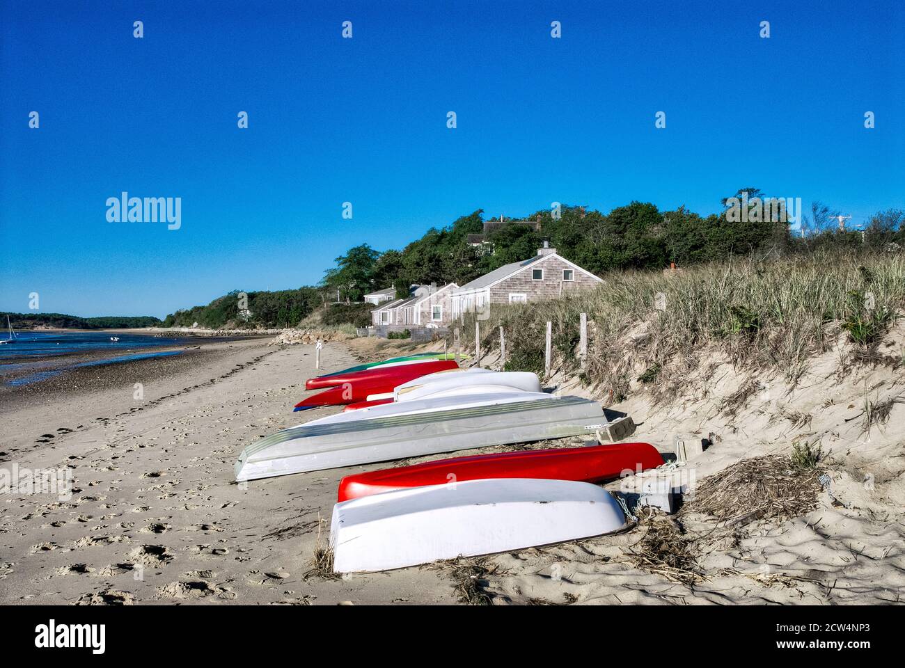 Rowboats along Mayo Beach in Wellfleet, Cape Cod, Massachusetts, USA. Stock Photo