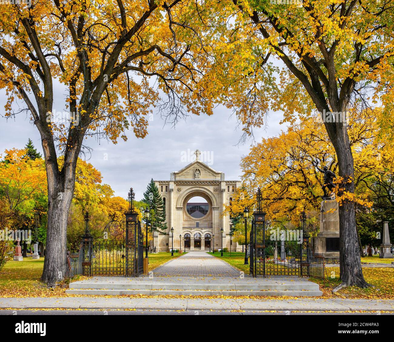 Historic St. Boniface Basilica in autumn, Winnipeg, Manitoba, Canada. Stock Photo