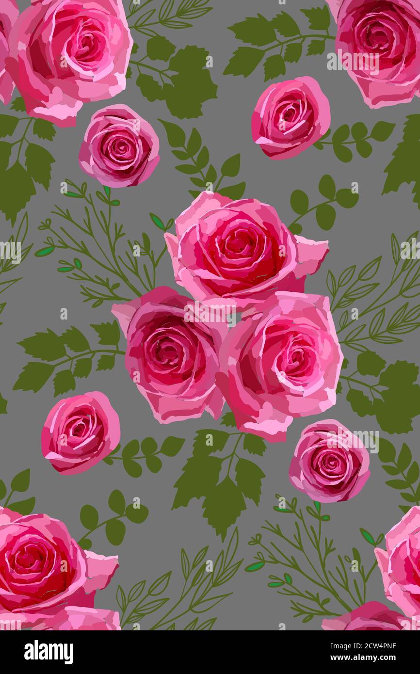 Vector seamless pattern with garden roses flowers hand drawn. Floral ...