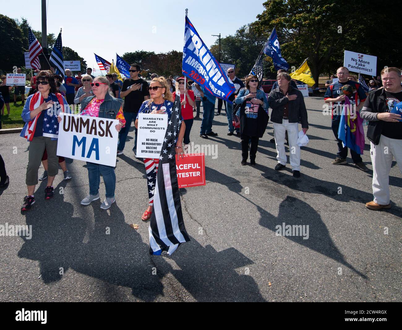 Anti-Mask, Anti-Vaccine, Anti-Lockdown protest outside of Massachusetts Republican Governor Charlie Baker’s house, Swampscott, Massachusetts, USA. 09/26/2020. Stock Photo