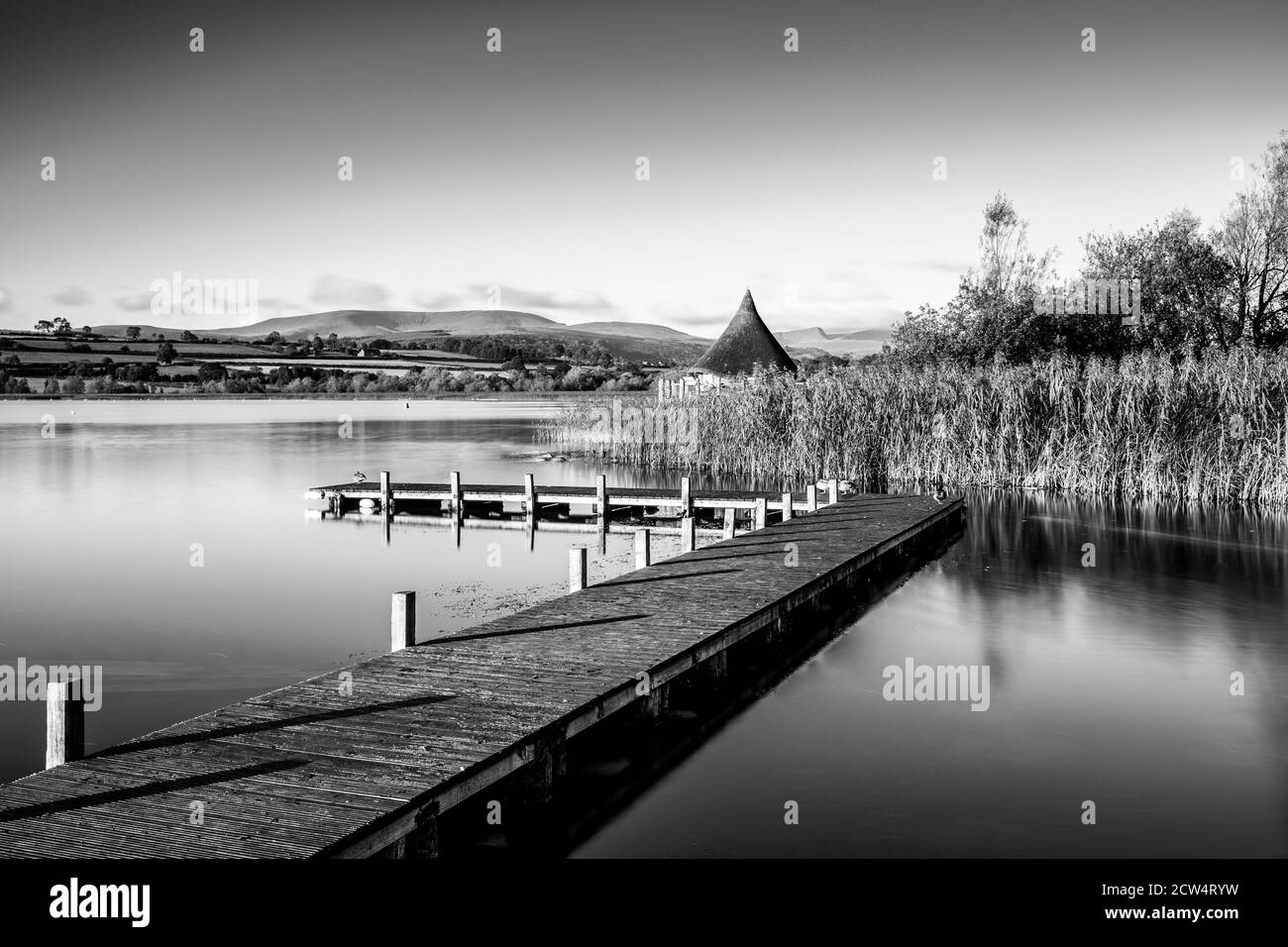 Little Hut and Pontoon at Llangorse Lake, Brecon Beacons, Wales Stock Photo