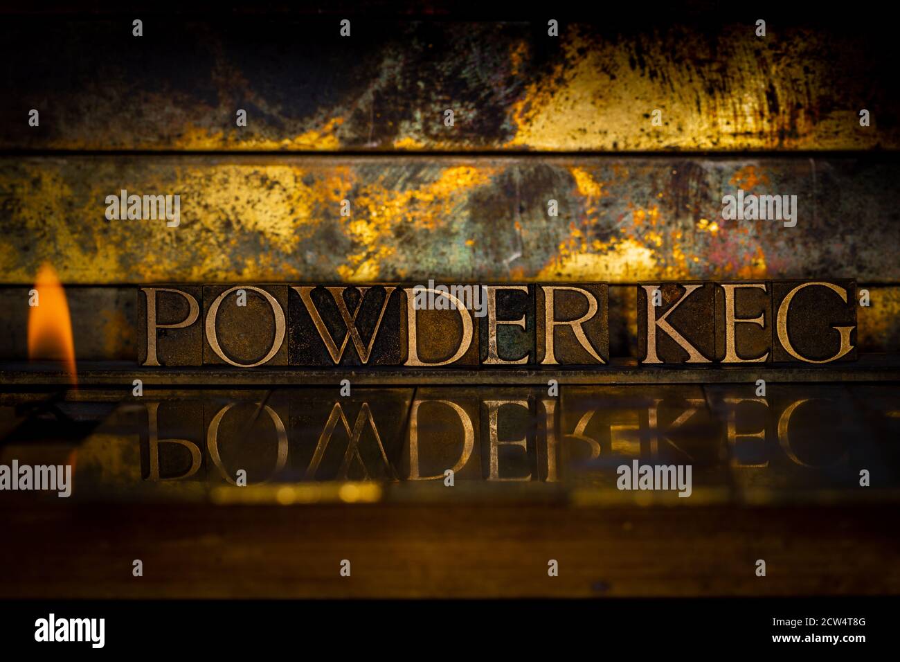 Powder Keg text formed with real authentic typeset letters on vintage ...