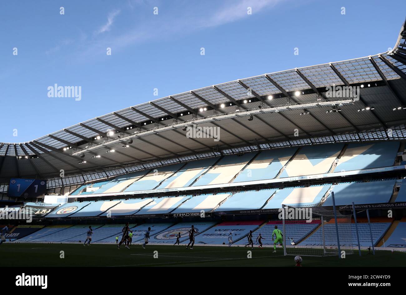 General View Of The Ground As Manchester City Players Warm Up Before The Premier League Match At The Etihad Stadium Manchester Stock Photo Alamy