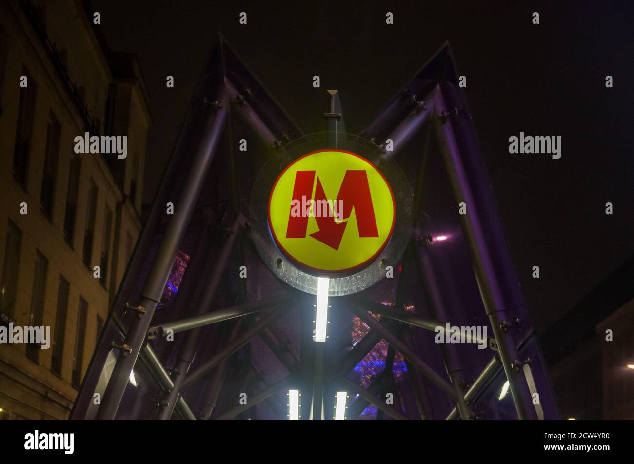 The Metro sign is a rapid transit system serving the city Stock Photo