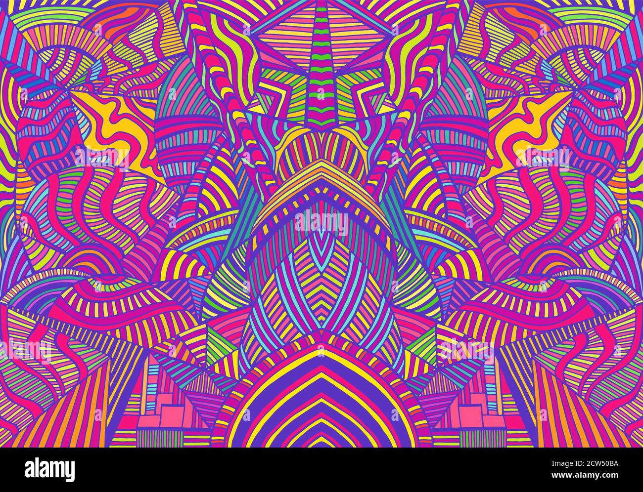 Bright psychedelic colorful background with many crazy geometric pattern. Stock Vector