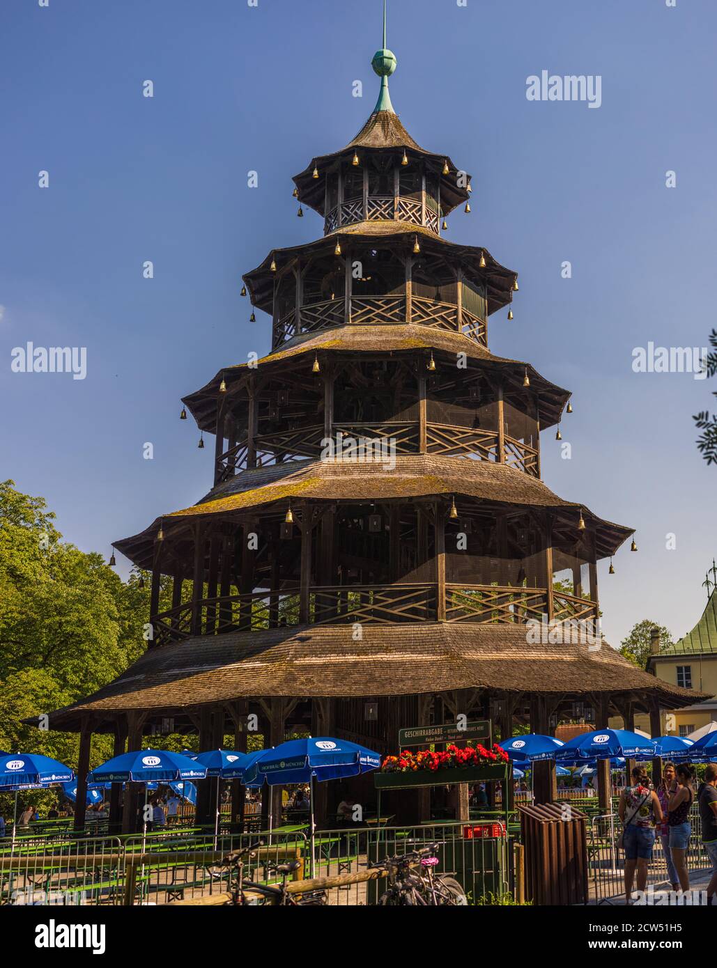 Munich, Germany - August 20, 2020: Chinese Tower in English gardens during challenging times of global pandemic. Stock Photo